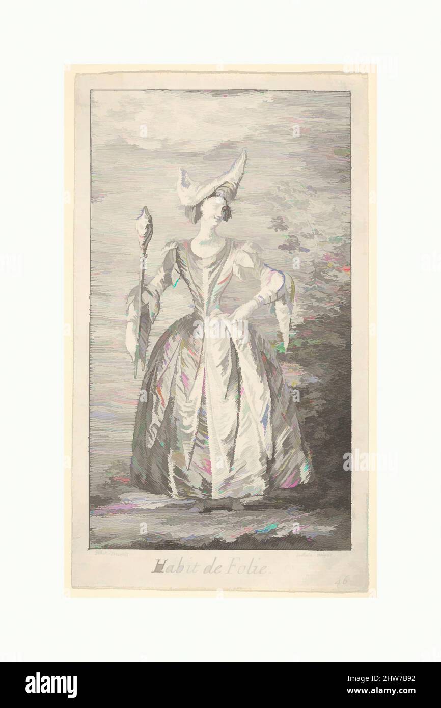 Art inspired by Plate 46: Habit de Folie: a woman in a ballet pose, wearing a bonnet and holding a marotte in her right hand, from 'New designs for costumes' (Nouveaux desseins d'habillements à l'usage des balets operas et comedies), ca. 1721, Etching, image: 5 7/8 x 3 3/8 in. (15 x 8., Classic works modernized by Artotop with a splash of modernity. Shapes, color and value, eye-catching visual impact on art. Emotions through freedom of artworks in a contemporary way. A timeless message pursuing a wildly creative new direction. Artists turning to the digital medium and creating the Artotop NFT Stock Photo