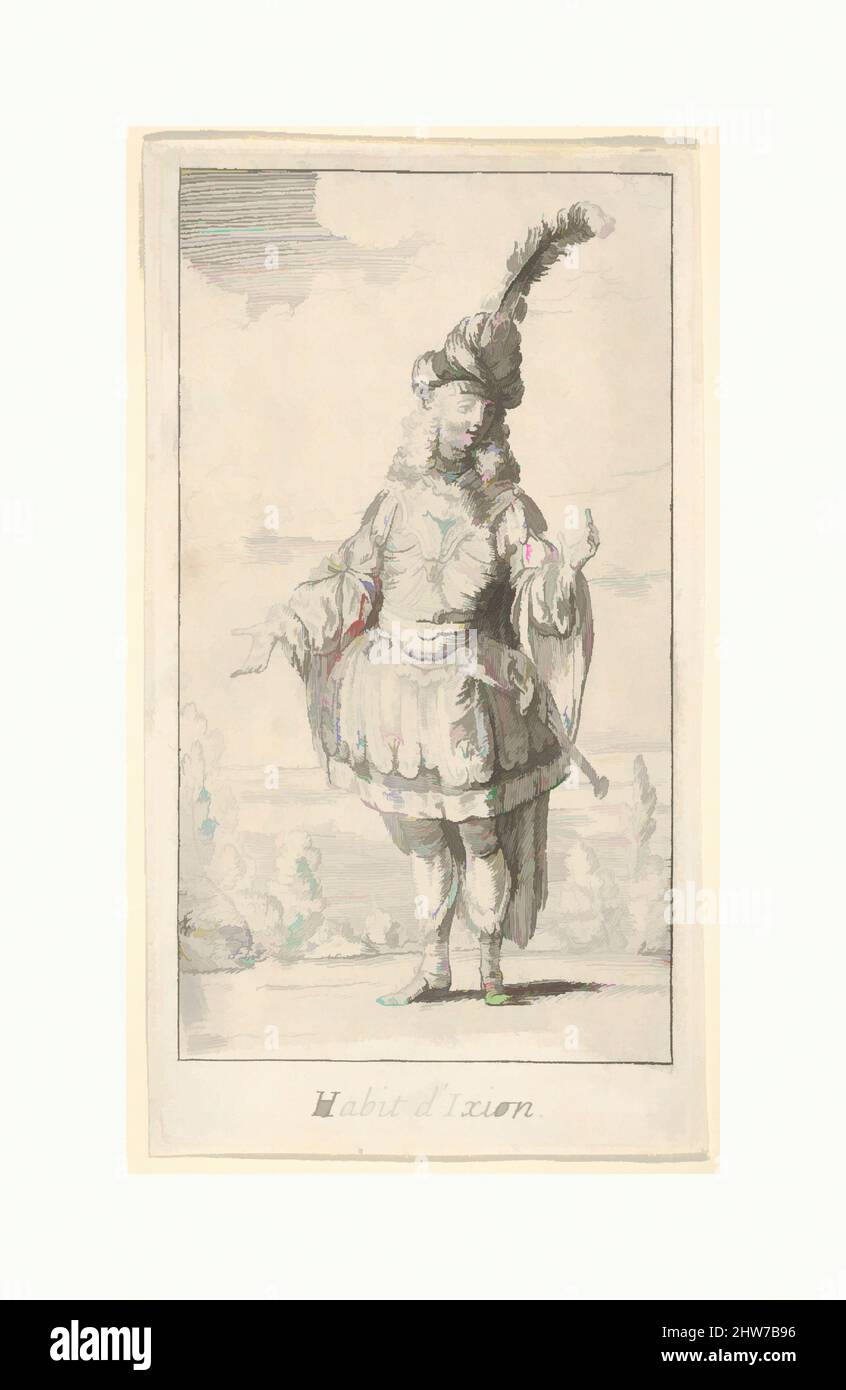 Art inspired by Habit d'Ixion: a man wearing a tonnelet with a sword in the belt, a turban with one large feather on his head, from 'New designs for costumes' (Nouveaux desseins d'habillements à l'usage des balets operas et comedies), ca. 1721, Etching, image: 6 x 3 3/8 in. (15.3 x 8.5, Classic works modernized by Artotop with a splash of modernity. Shapes, color and value, eye-catching visual impact on art. Emotions through freedom of artworks in a contemporary way. A timeless message pursuing a wildly creative new direction. Artists turning to the digital medium and creating the Artotop NFT Stock Photo