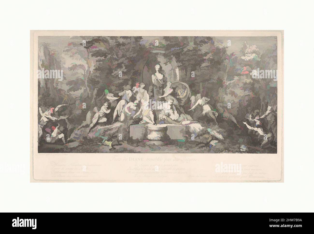 Art inspired by The festival of Diana, interrupted by satyrs (Feste de Diane, troublée par des Satyres): nymphs gathered around the bust of Diana in a stone niche at center, surprised by the arrival of satyrs from either side, from 'Les Bacchanales; Quatres Festes', ca. 1786, Etching, Classic works modernized by Artotop with a splash of modernity. Shapes, color and value, eye-catching visual impact on art. Emotions through freedom of artworks in a contemporary way. A timeless message pursuing a wildly creative new direction. Artists turning to the digital medium and creating the Artotop NFT Stock Photo