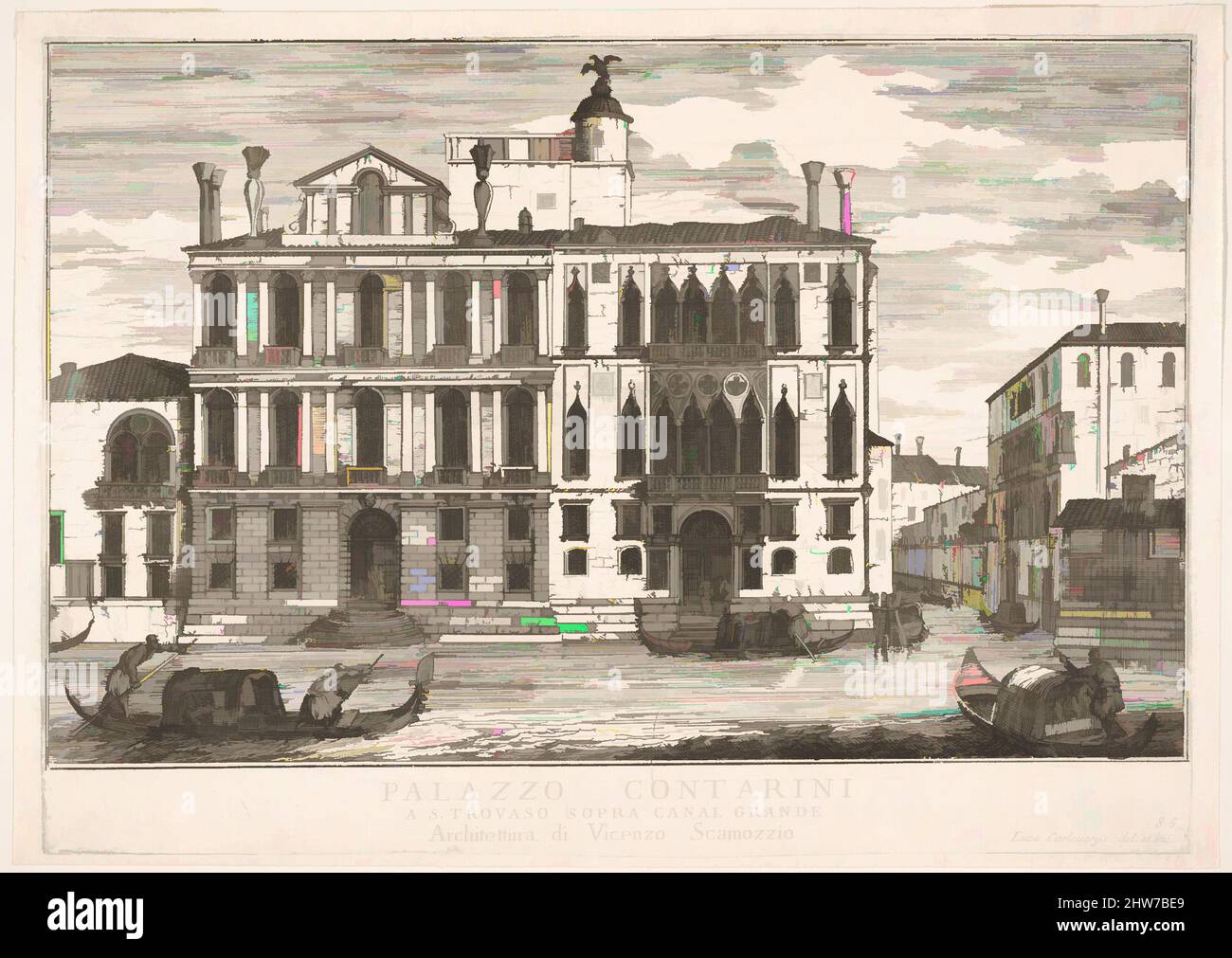 Art inspired by Plate 85: View of the Contarini Palace in Campo San Trovaso, Venice, 1703, from the series 'The buildings and views of Venice' (Le fabriche e vedute di Venezia), 1703, Etching, plate: 8 1/4 x 11 5/8 in. (21 x 29.5 cm), Luca Carlevaris (Italian, Udine 1663/65–1730 Venice, Classic works modernized by Artotop with a splash of modernity. Shapes, color and value, eye-catching visual impact on art. Emotions through freedom of artworks in a contemporary way. A timeless message pursuing a wildly creative new direction. Artists turning to the digital medium and creating the Artotop NFT Stock Photo