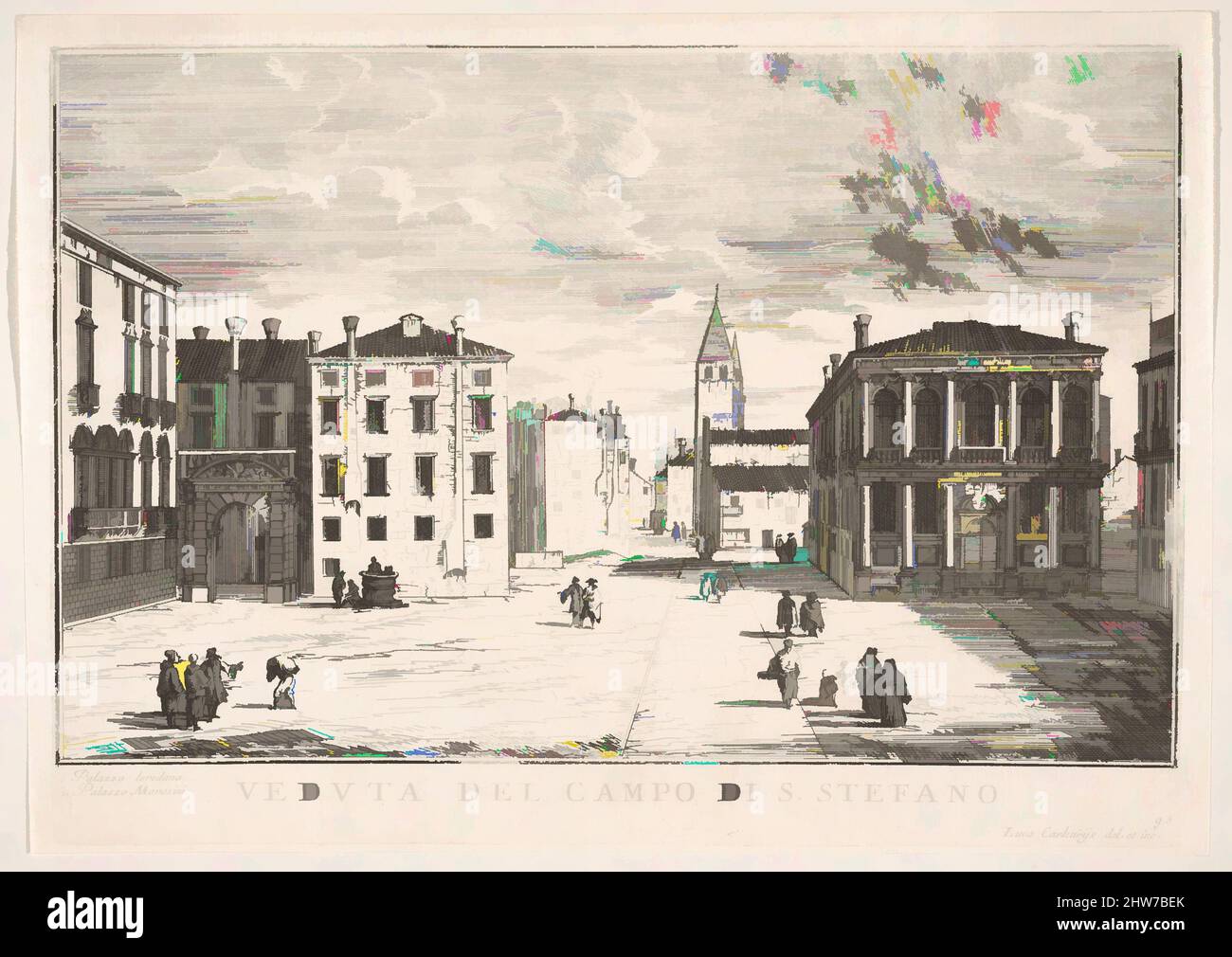 Art inspired by Plate 95: View of Campo Santo Stefano with the Loredan Palace and Morosini Palace, Venice, 1703, from the series 'The buildings and views of Venice' (Le fabriche e vedute di Venezia), 1703, Etching, plate: 8 3/16 x 11 5/8 in. (20.8 x 29.5 cm), Luca Carlevaris (Italian, Classic works modernized by Artotop with a splash of modernity. Shapes, color and value, eye-catching visual impact on art. Emotions through freedom of artworks in a contemporary way. A timeless message pursuing a wildly creative new direction. Artists turning to the digital medium and creating the Artotop NFT Stock Photo