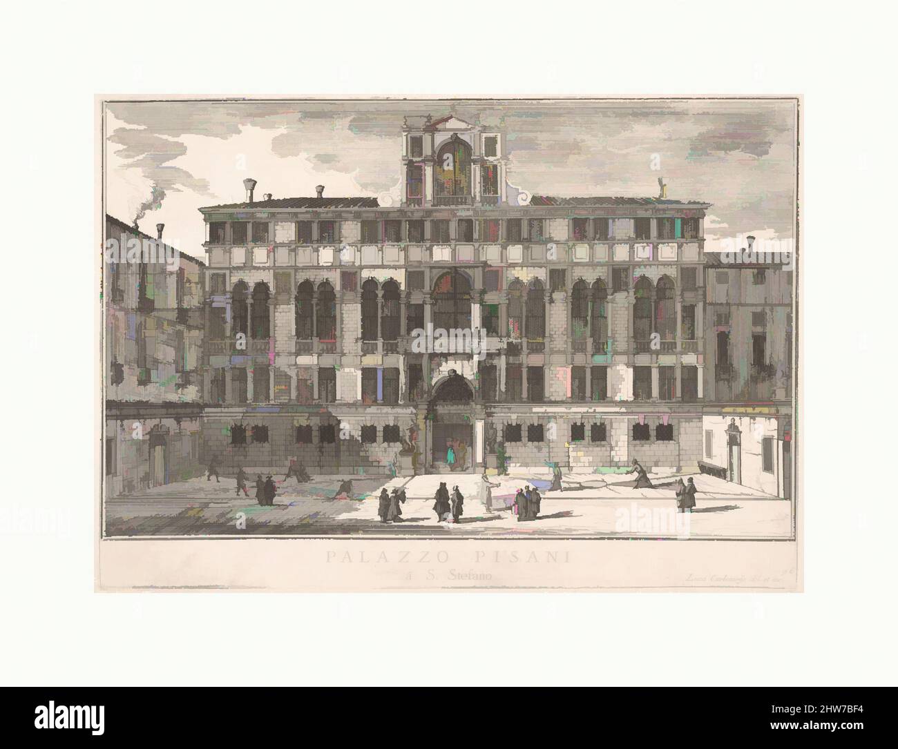 Art inspired by Plate 96: View of the facade of the Pisani Palace in Campo Santo Stefano, Venice, 1703, from the series 'The buildings and views of Venice' (Le fabriche e vedute di Venezia), 1703, Etching, plate: 8 3/16 x 11 5/8 in. (20.8 x 29.5 cm), Luca Carlevaris (Italian, Udine, Classic works modernized by Artotop with a splash of modernity. Shapes, color and value, eye-catching visual impact on art. Emotions through freedom of artworks in a contemporary way. A timeless message pursuing a wildly creative new direction. Artists turning to the digital medium and creating the Artotop NFT Stock Photo