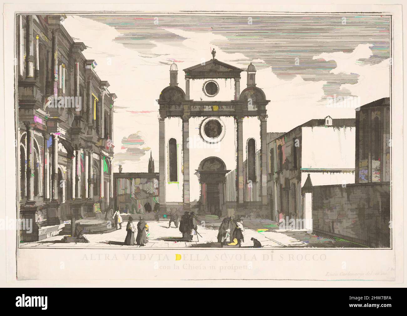 Art inspired by Plate 38: View of the facade of the church of St. Roch and at left the facade of the School of St. Roch, Venice, 1703, from the series 'The buildings and views of Venice' (Le fabriche e vedute di Venezia), 1703, Etching, plate: 8 1/4 x 11 5/8 in. (21 x 29.5 cm), Luca, Classic works modernized by Artotop with a splash of modernity. Shapes, color and value, eye-catching visual impact on art. Emotions through freedom of artworks in a contemporary way. A timeless message pursuing a wildly creative new direction. Artists turning to the digital medium and creating the Artotop NFT Stock Photo