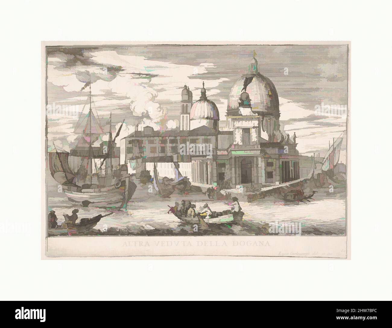 Art inspired by Plate 61: View of the customs house (Dogana da Mar) at the confluence of the Grand Canal and Giudecca Canal, Venice, 1703, from the series 'The buildings and views of Venice' (Le fabriche e vedute di Venezia), 1703, Etching, plate: 8 1/4 x 11 5/8 in. (20.9 x 29.6 cm, Classic works modernized by Artotop with a splash of modernity. Shapes, color and value, eye-catching visual impact on art. Emotions through freedom of artworks in a contemporary way. A timeless message pursuing a wildly creative new direction. Artists turning to the digital medium and creating the Artotop NFT Stock Photo