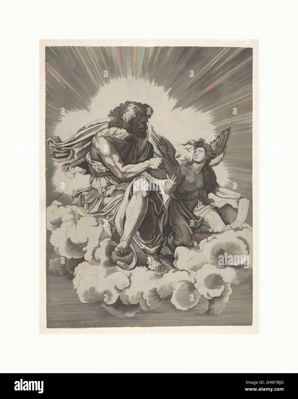 Art inspired by St. Matthew, seated on a cloud with legs crossed and dipping a quill into an inkwell held by an angel, who also holds an inscribed scroll, from a series of the four evangelists after Agostino Veneziano, which are in turn after Giulio Romano, after 1518, Engraving, sheet, Classic works modernized by Artotop with a splash of modernity. Shapes, color and value, eye-catching visual impact on art. Emotions through freedom of artworks in a contemporary way. A timeless message pursuing a wildly creative new direction. Artists turning to the digital medium and creating the Artotop NFT Stock Photo