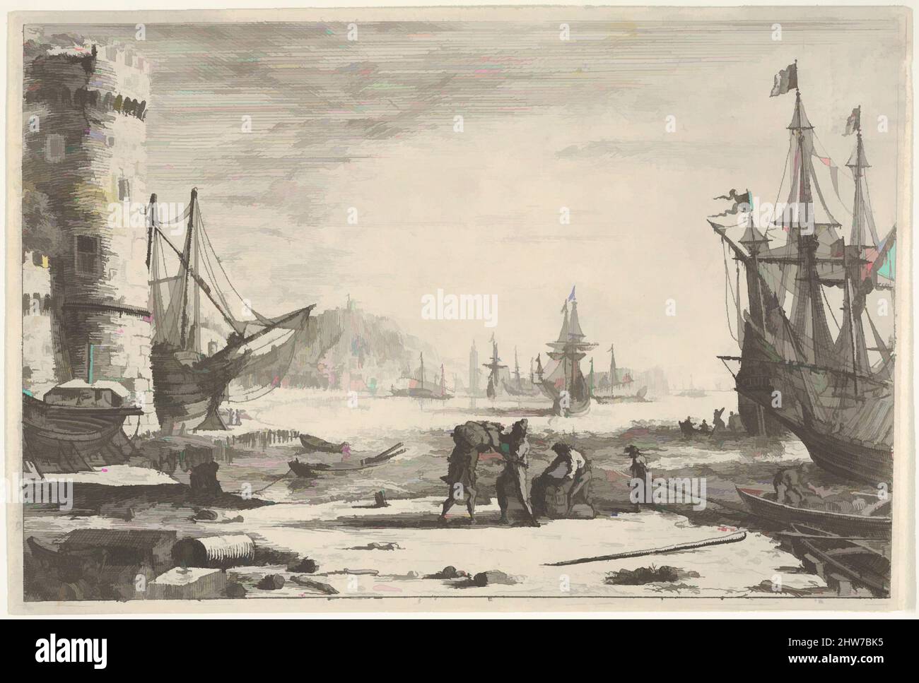 Art inspired by Harbor with large tower at left, and figures in the foreground, ca. 1635–40, Etching, sheet: 5 3/16 x 7 11/16 in. (13.2 x 19.6 cm), Prints, Claude Lorrain (Claude Gellée) (French, Chamagne 1604/5?–1682 Rome, Classic works modernized by Artotop with a splash of modernity. Shapes, color and value, eye-catching visual impact on art. Emotions through freedom of artworks in a contemporary way. A timeless message pursuing a wildly creative new direction. Artists turning to the digital medium and creating the Artotop NFT Stock Photo