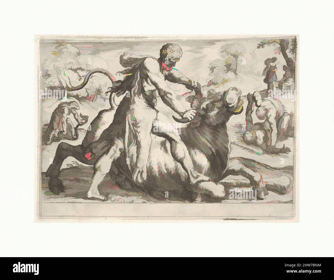Art inspired by Hercules and Achelous: at center Hercules grasps the horns of a bull while pressing his right foot onto its leg, at left Hercules wrestles a serpent, at right Hercules wrestles a male figure on the ground, from the series 'The Labors of Hercules', 1608, Etching, sheet, Classic works modernized by Artotop with a splash of modernity. Shapes, color and value, eye-catching visual impact on art. Emotions through freedom of artworks in a contemporary way. A timeless message pursuing a wildly creative new direction. Artists turning to the digital medium and creating the Artotop NFT Stock Photo