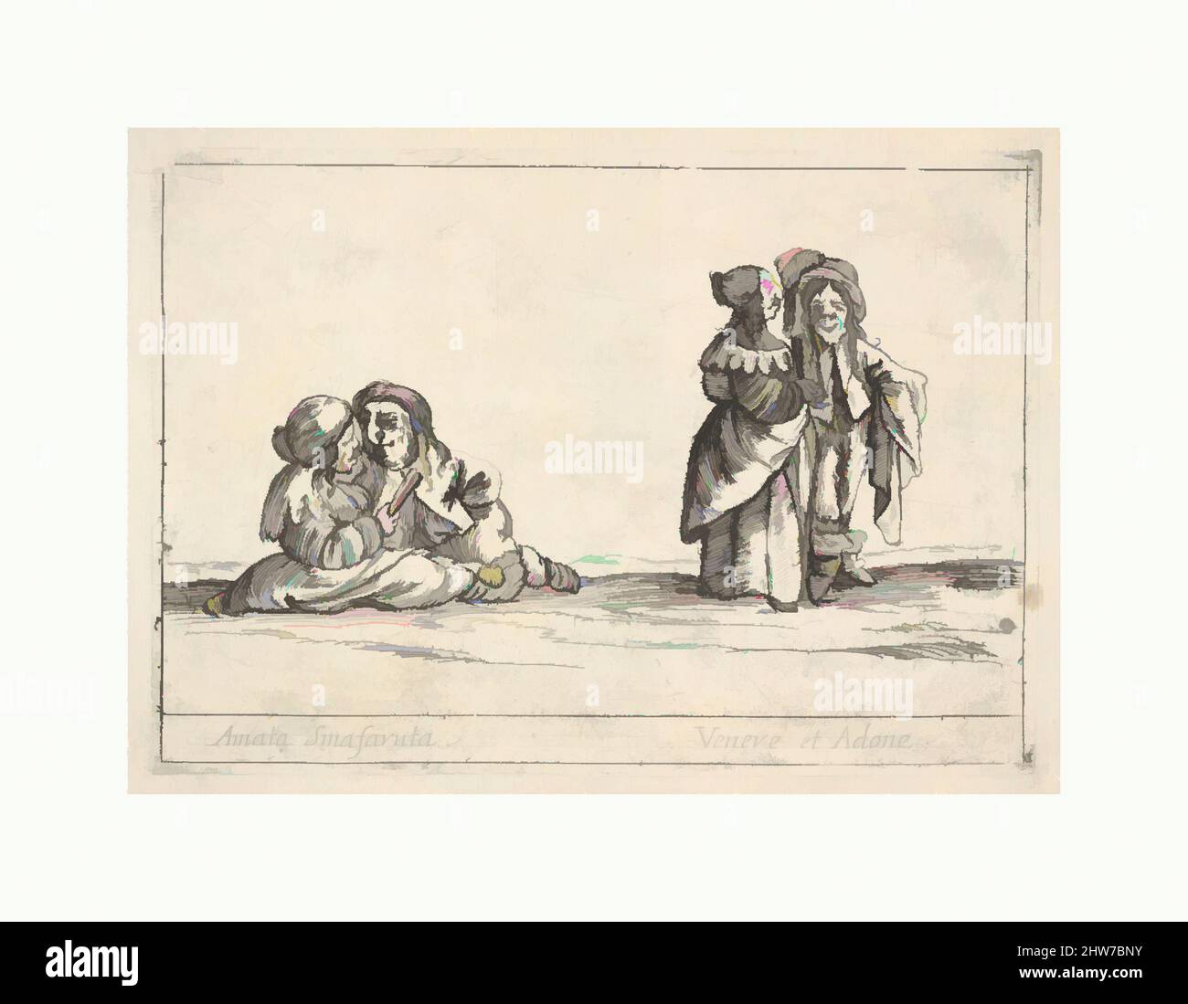Art inspired by Callot figures; two seated dwarf lovers to left, the woman holding a fan, an old dwarf woman, in profile towards the right, standing with a dwarf man with long hair to right, from 'Six grotesques' (Six pièces de figures grotesques), 1684, Etching, plate: 5 3/8 x 7 5/8, Classic works modernized by Artotop with a splash of modernity. Shapes, color and value, eye-catching visual impact on art. Emotions through freedom of artworks in a contemporary way. A timeless message pursuing a wildly creative new direction. Artists turning to the digital medium and creating the Artotop NFT Stock Photo