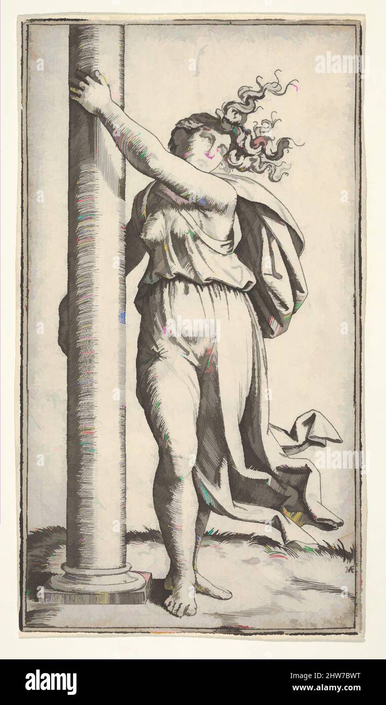 Art inspired by A young woman personifying Force or Strength holding a column, ca. 1510–27, Engraving, Sheet: 5 3/8 x 3 in. (13.6 x 7.6 cm), Prints, Marcantonio Raimondi (Italian, Argini (?) ca. 1480–before 1534 Bologna, Classic works modernized by Artotop with a splash of modernity. Shapes, color and value, eye-catching visual impact on art. Emotions through freedom of artworks in a contemporary way. A timeless message pursuing a wildly creative new direction. Artists turning to the digital medium and creating the Artotop NFT Stock Photo