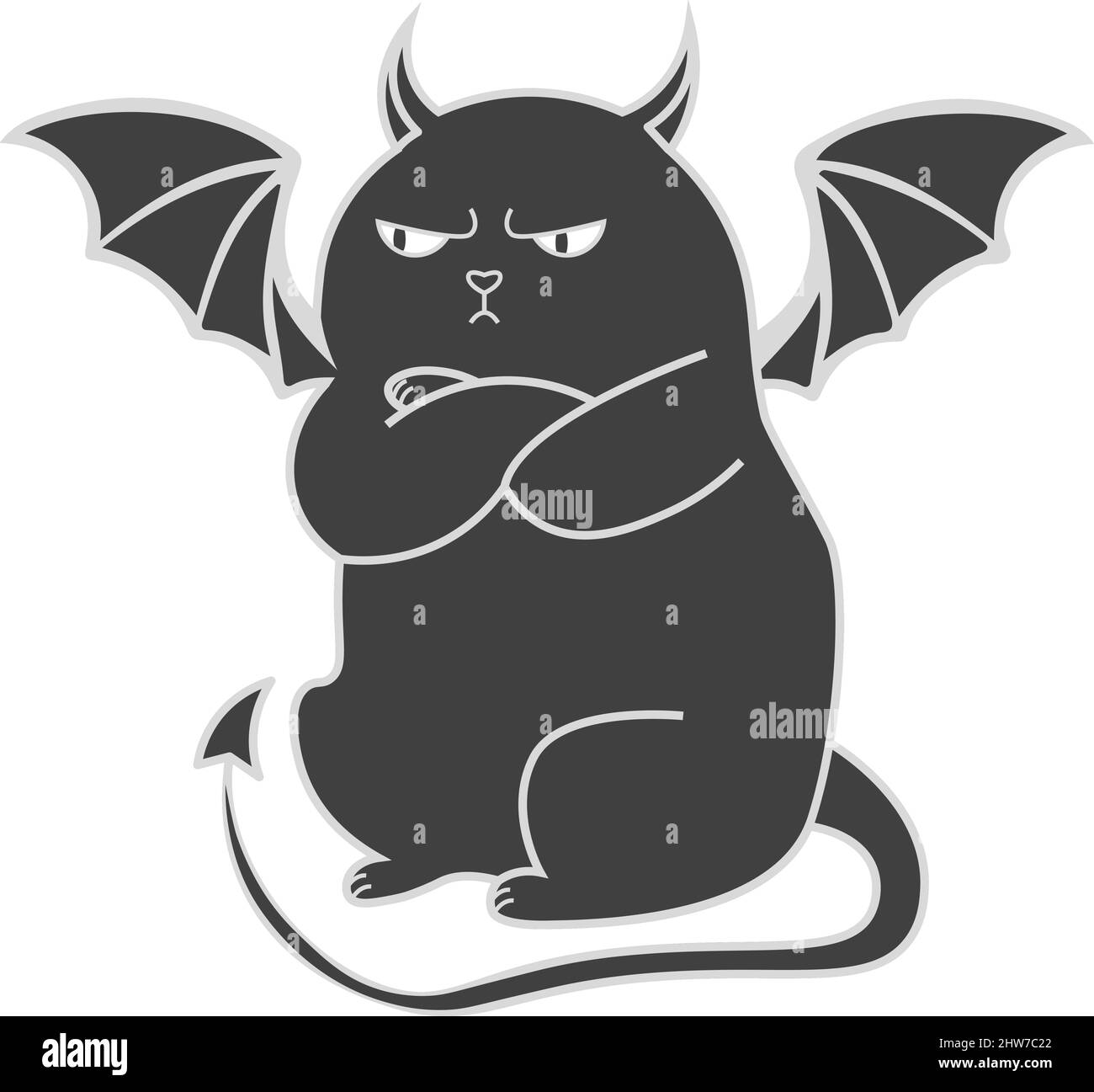 Funny animal character angry cat with devil wings drawing in flat style Stock Vector