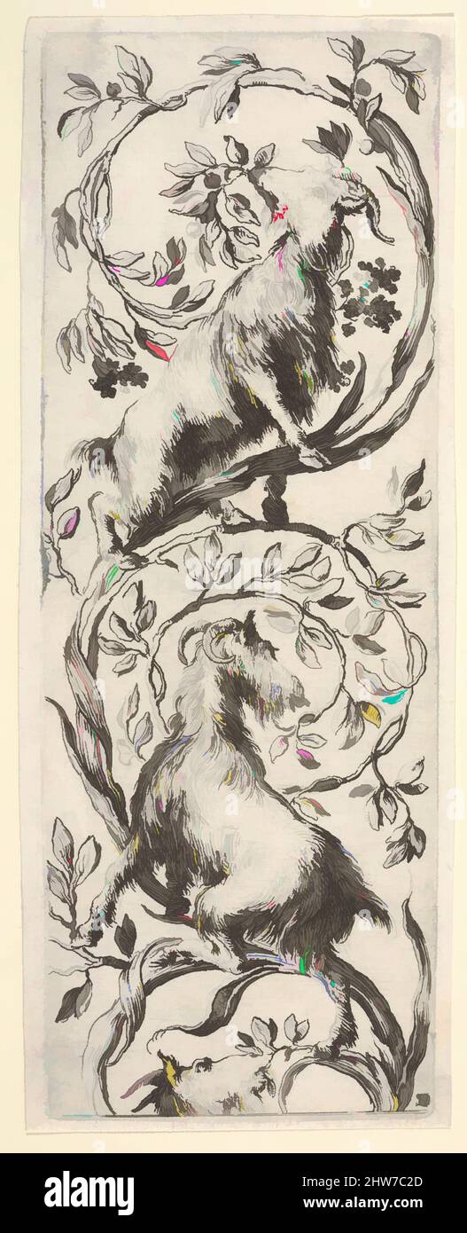 Art inspired by Three goats climbing a vine in the shape of a backwards 'S', from 'Ornaments or Grotesques' (Ornamenti o Grottesche), ca. 1650–56, Etching, Sheet: 6 7/8 × 2 11/16 in. (17.4 × 6.8 cm), Stefano della Bella (Italian, Florence 1610–1664 Florence, Classic works modernized by Artotop with a splash of modernity. Shapes, color and value, eye-catching visual impact on art. Emotions through freedom of artworks in a contemporary way. A timeless message pursuing a wildly creative new direction. Artists turning to the digital medium and creating the Artotop NFT Stock Photo