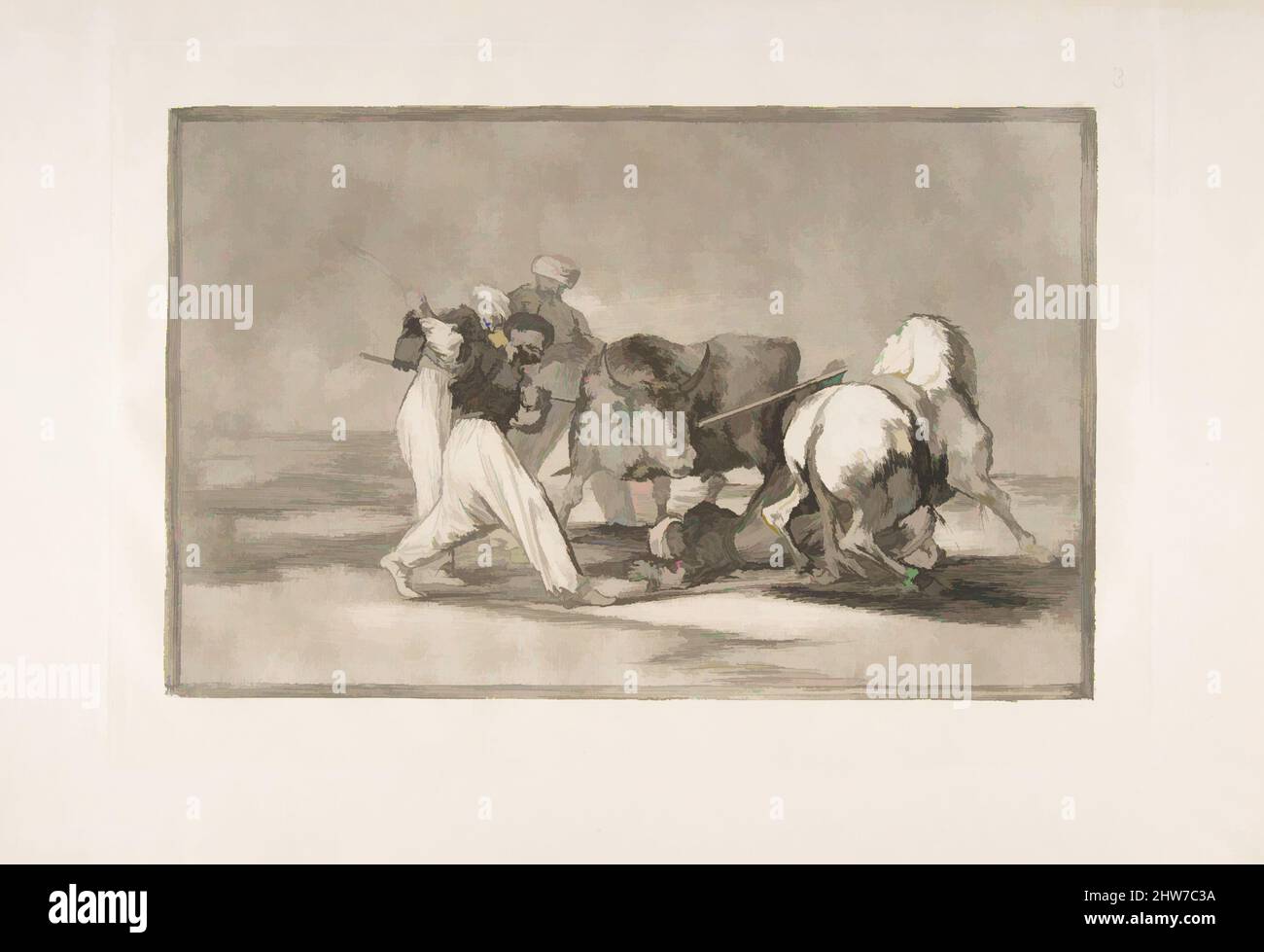 Art inspired by Plate 3 of the 'Tauromaquia':The Moors settled in Spain, giving up the superstitions of the Koran, adopted this art of hunting, and spear a bull in the open, 1816, Etching, burnished aquatint, drypoint and burin, Plate: 9 5/8 x 13 3/4 in. (24.5 x 35 cm), Prints, Goya (, Classic works modernized by Artotop with a splash of modernity. Shapes, color and value, eye-catching visual impact on art. Emotions through freedom of artworks in a contemporary way. A timeless message pursuing a wildly creative new direction. Artists turning to the digital medium and creating the Artotop NFT Stock Photo