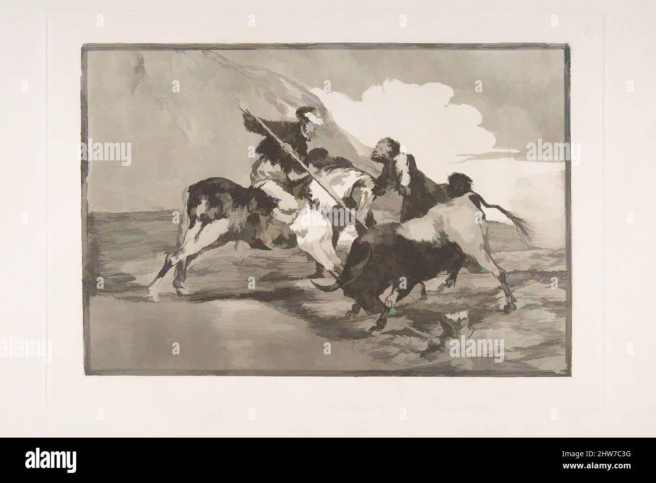 Art inspired by Plate 1 from 'The Tauromaquia': The way in which the ancient Spaniards hunted bulls on horseback in the open country, 1816, Etching, burnished aquatint, and drypoint, Plate: 9 3/4 x 13 3/4 in. (24.8 x 35 cm), Prints, Goya (Francisco de Goya y Lucientes) (Spanish, Classic works modernized by Artotop with a splash of modernity. Shapes, color and value, eye-catching visual impact on art. Emotions through freedom of artworks in a contemporary way. A timeless message pursuing a wildly creative new direction. Artists turning to the digital medium and creating the Artotop NFT Stock Photo