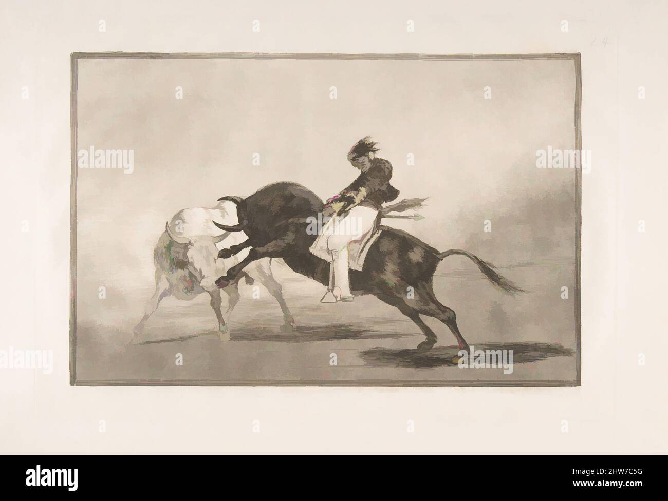 Art inspired by Plate 24 of the 'Tauromaquia': The same Ceballos mounted on another bull breaks short spears in the ring at Madrid., 1816, Etching, burnished aquatint, drypoint and burin, Plate: 9 1/2 x 14 in. (24.2 x 35.5 cm), Prints, Goya (Francisco de Goya y Lucientes) (Spanish, Classic works modernized by Artotop with a splash of modernity. Shapes, color and value, eye-catching visual impact on art. Emotions through freedom of artworks in a contemporary way. A timeless message pursuing a wildly creative new direction. Artists turning to the digital medium and creating the Artotop NFT Stock Photo