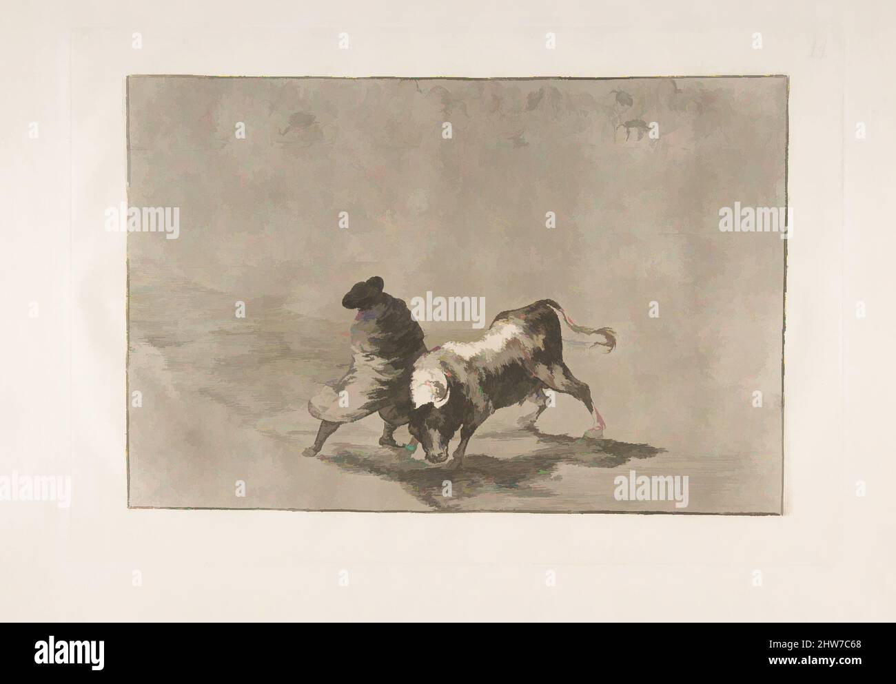 Art inspired by Plate 14 from the 'Tauromaquia': The very skillful student of Falces, wrapped in his cape, tricks the bull with the play of his body., 1816, Etching, aquatint, drypoint and burin, Plate: 9 3/4 × 13 7/8 in. (24.7 × 35.2 cm), Prints, Goya (Francisco de Goya y Lucientes) (, Classic works modernized by Artotop with a splash of modernity. Shapes, color and value, eye-catching visual impact on art. Emotions through freedom of artworks in a contemporary way. A timeless message pursuing a wildly creative new direction. Artists turning to the digital medium and creating the Artotop NFT Stock Photo