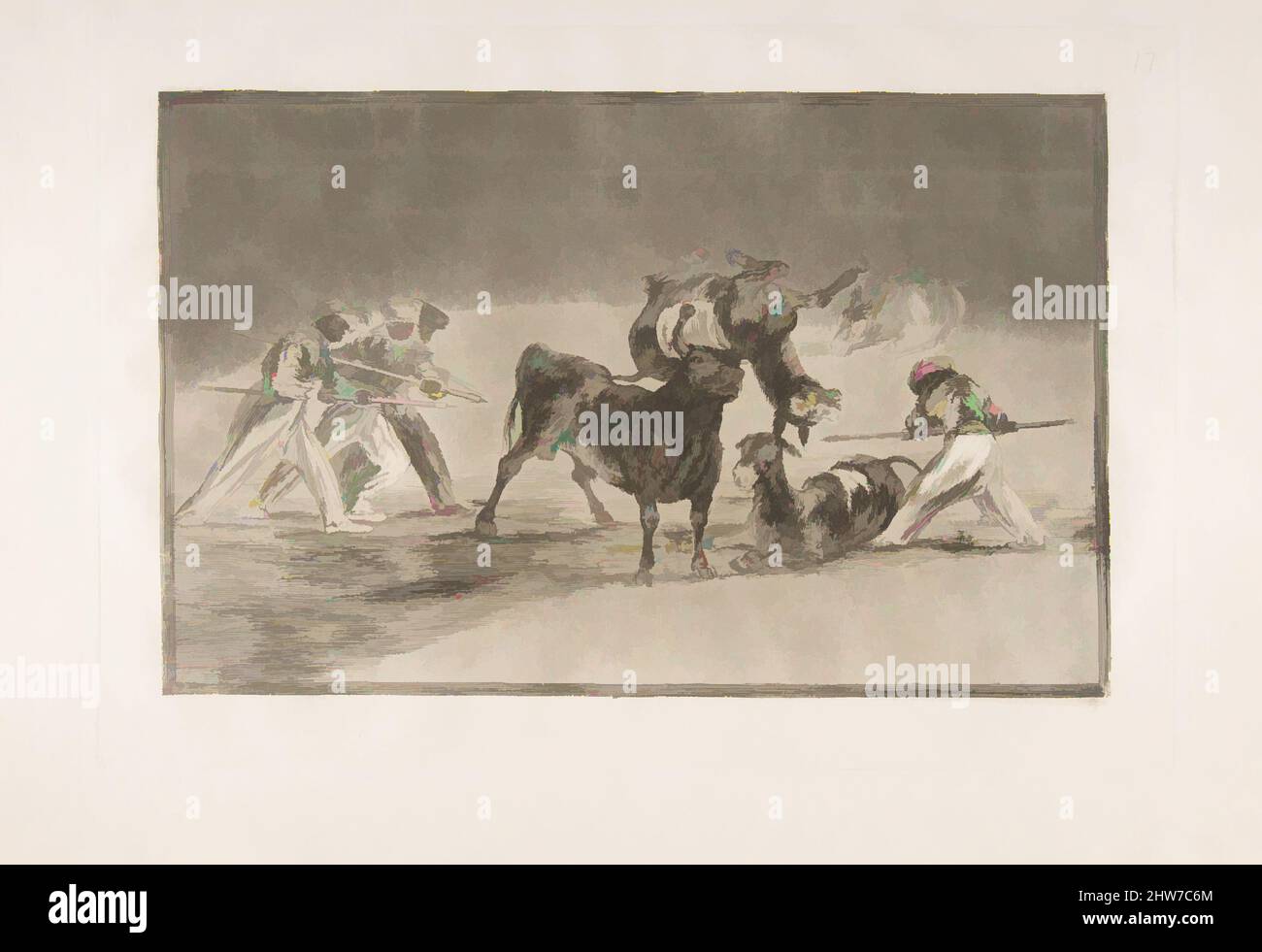 Art inspired by Plate 17 of the 'Tauromaquia': The Moors use donkeys as a barrier to defend themselves against the bull whose horns have been tipped with balls., 1816, Etching, burnished aquatint, drypoint and burin, Plate: 9 9/16 x 13 3/4 in. (24.3 x 35 cm), Prints, Goya (Francisco de, Classic works modernized by Artotop with a splash of modernity. Shapes, color and value, eye-catching visual impact on art. Emotions through freedom of artworks in a contemporary way. A timeless message pursuing a wildly creative new direction. Artists turning to the digital medium and creating the Artotop NFT Stock Photo