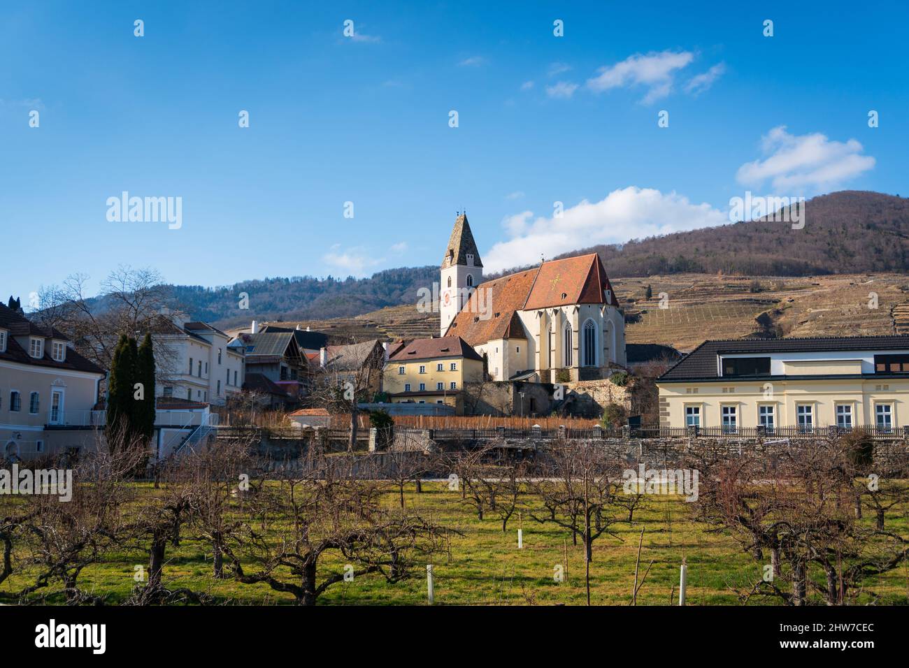 Spitz an der Donau. Famous village and church at the danube river in the Wachau Region of Lower Austria Stock Photo