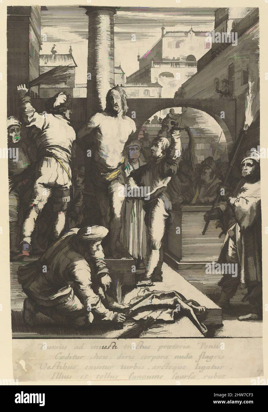Art inspired by The Flagellation of Christ, from The Passion of Christ, mid 17th century, Etching, Sheet: 5 3/4 x 3 7/8 in. (14.6 x 9.8 cm), Prints, Nicolas Cochin (French, Troyes 1610–1686 Paris), After Hendrick Goltzius (Netherlandish, Mühlbracht 1558–1617 Haarlem, Classic works modernized by Artotop with a splash of modernity. Shapes, color and value, eye-catching visual impact on art. Emotions through freedom of artworks in a contemporary way. A timeless message pursuing a wildly creative new direction. Artists turning to the digital medium and creating the Artotop NFT Stock Photo