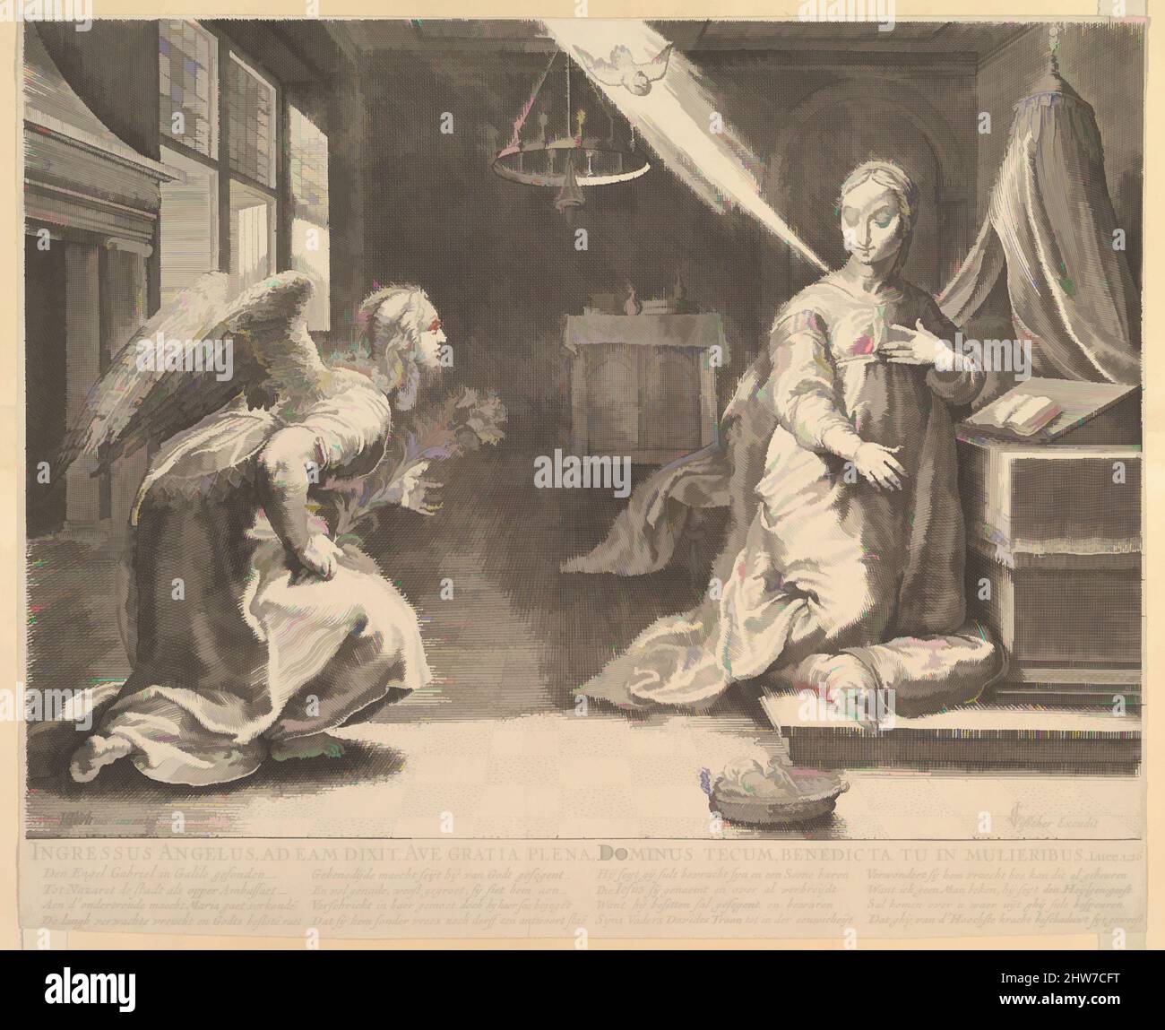 Art inspired by The Annunciation, before 1652, Engraving, Prints, After Hendrick Goltzius (Netherlandish, Mühlbracht 1558–1617 Haarlem, Classic works modernized by Artotop with a splash of modernity. Shapes, color and value, eye-catching visual impact on art. Emotions through freedom of artworks in a contemporary way. A timeless message pursuing a wildly creative new direction. Artists turning to the digital medium and creating the Artotop NFT Stock Photo