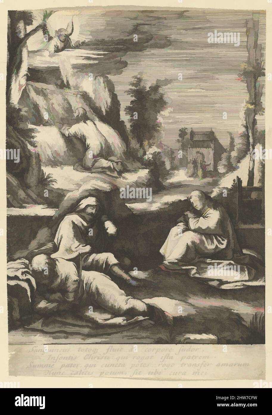 Art inspired by The Agony in the Garden, from The Passion of Christ, mid 17th century, Etching, Sheet: 5 3/8 × 3 3/4 in. (13.6 × 9.6 cm), Prints, Nicolas Cochin (French, Troyes 1610–1686 Paris), After Hendrick Goltzius (Netherlandish, Mühlbracht 1558–1617 Haarlem, Classic works modernized by Artotop with a splash of modernity. Shapes, color and value, eye-catching visual impact on art. Emotions through freedom of artworks in a contemporary way. A timeless message pursuing a wildly creative new direction. Artists turning to the digital medium and creating the Artotop NFT Stock Photo