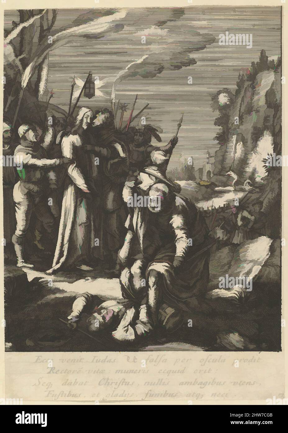Art inspired by The Betrayal of Christ, from The Passion of Christ, mid 17th century, Etching, Sheet: 5 7/16 × 38 3/16 in. (13.8 × 97 cm), Prints, Nicolas Cochin (French, Troyes 1610–1686 Paris), After Hendrick Goltzius (Netherlandish, Mühlbracht 1558–1617 Haarlem, Classic works modernized by Artotop with a splash of modernity. Shapes, color and value, eye-catching visual impact on art. Emotions through freedom of artworks in a contemporary way. A timeless message pursuing a wildly creative new direction. Artists turning to the digital medium and creating the Artotop NFT Stock Photo