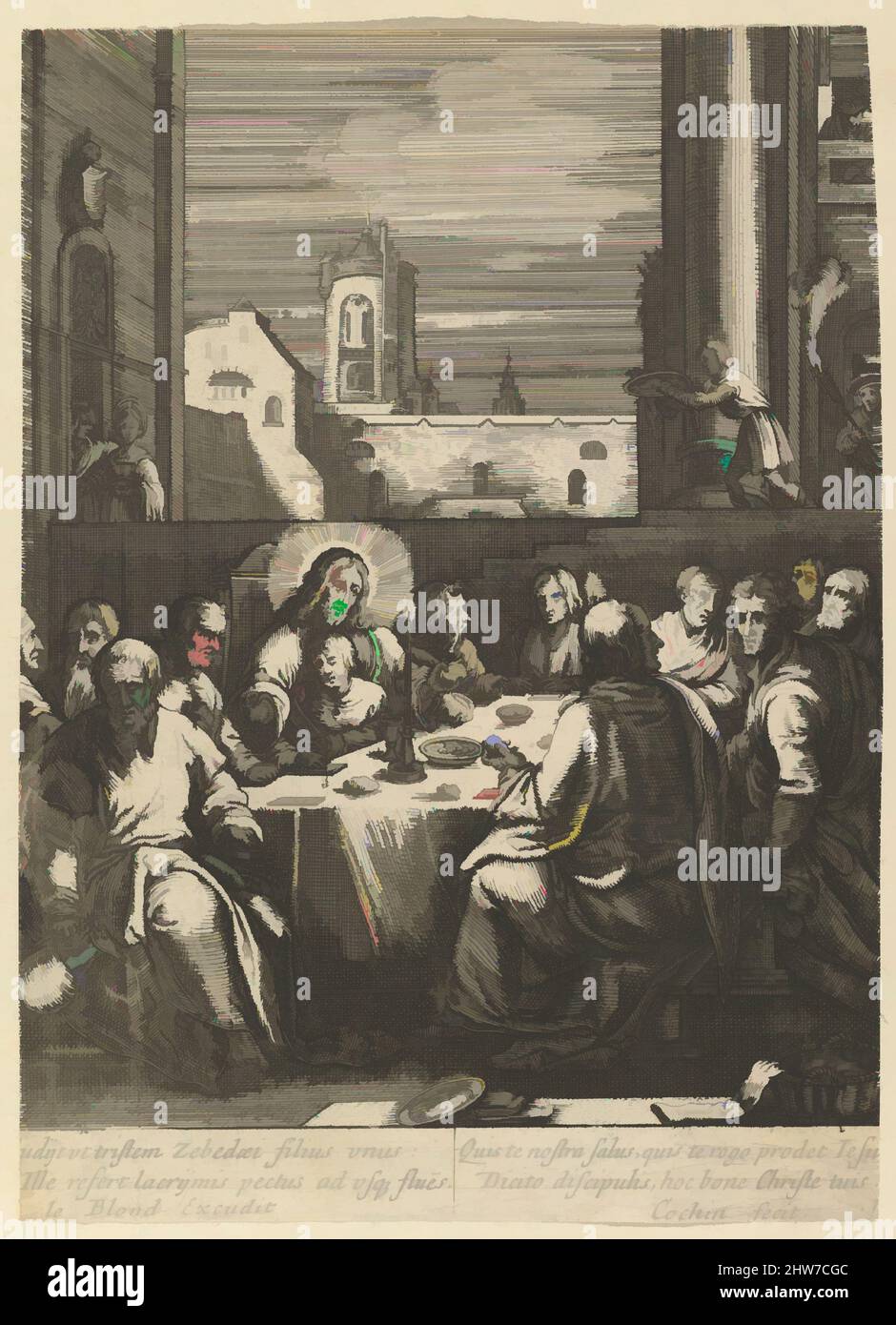 Art inspired by The Last Supper, from The Passion of Christ, mid 17th century, Etching, Sheet: 5 3/8 × 7 13/16 in. (13.6 × 19.8 cm), Prints, Nicolas Cochin (French, Troyes 1610–1686 Paris), After Hendrick Goltzius (Netherlandish, Mühlbracht 1558–1617 Haarlem, Classic works modernized by Artotop with a splash of modernity. Shapes, color and value, eye-catching visual impact on art. Emotions through freedom of artworks in a contemporary way. A timeless message pursuing a wildly creative new direction. Artists turning to the digital medium and creating the Artotop NFT Stock Photo