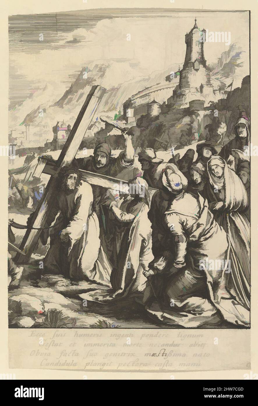 Art inspired by Christ Carrying the Cross, from The Passion of Christ, mid 17th century, Etching, Sheet: 5 3/4 x 3 7/8 in. (14.6 x 9.9 cm), Prints, Nicolas Cochin (French, Troyes 1610–1686 Paris), After Hendrick Goltzius (Netherlandish, Mühlbracht 1558–1617 Haarlem, Classic works modernized by Artotop with a splash of modernity. Shapes, color and value, eye-catching visual impact on art. Emotions through freedom of artworks in a contemporary way. A timeless message pursuing a wildly creative new direction. Artists turning to the digital medium and creating the Artotop NFT Stock Photo