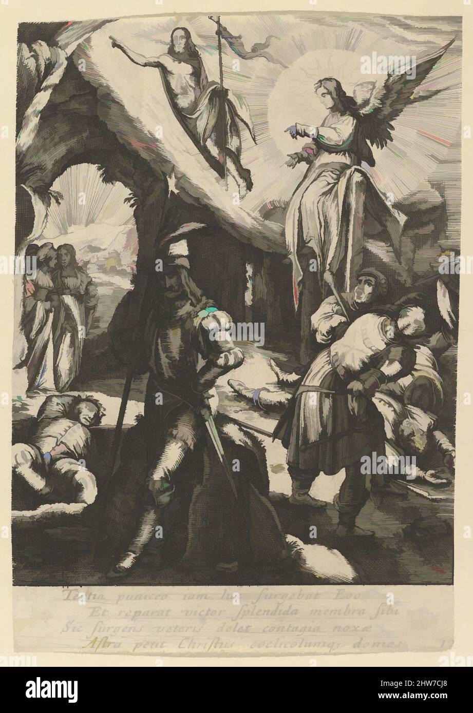 Art inspired by The Resurrection, from The Passion of Christ, mid 17th century, Etching, Sheet: 5 5/8 x 3 15/16 in. (14.3 x 10 cm), Prints, Nicolas Cochin (French, Troyes 1610–1686 Paris), After Hendrick Goltzius (Netherlandish, Mühlbracht 1558–1617 Haarlem, Classic works modernized by Artotop with a splash of modernity. Shapes, color and value, eye-catching visual impact on art. Emotions through freedom of artworks in a contemporary way. A timeless message pursuing a wildly creative new direction. Artists turning to the digital medium and creating the Artotop NFT Stock Photo