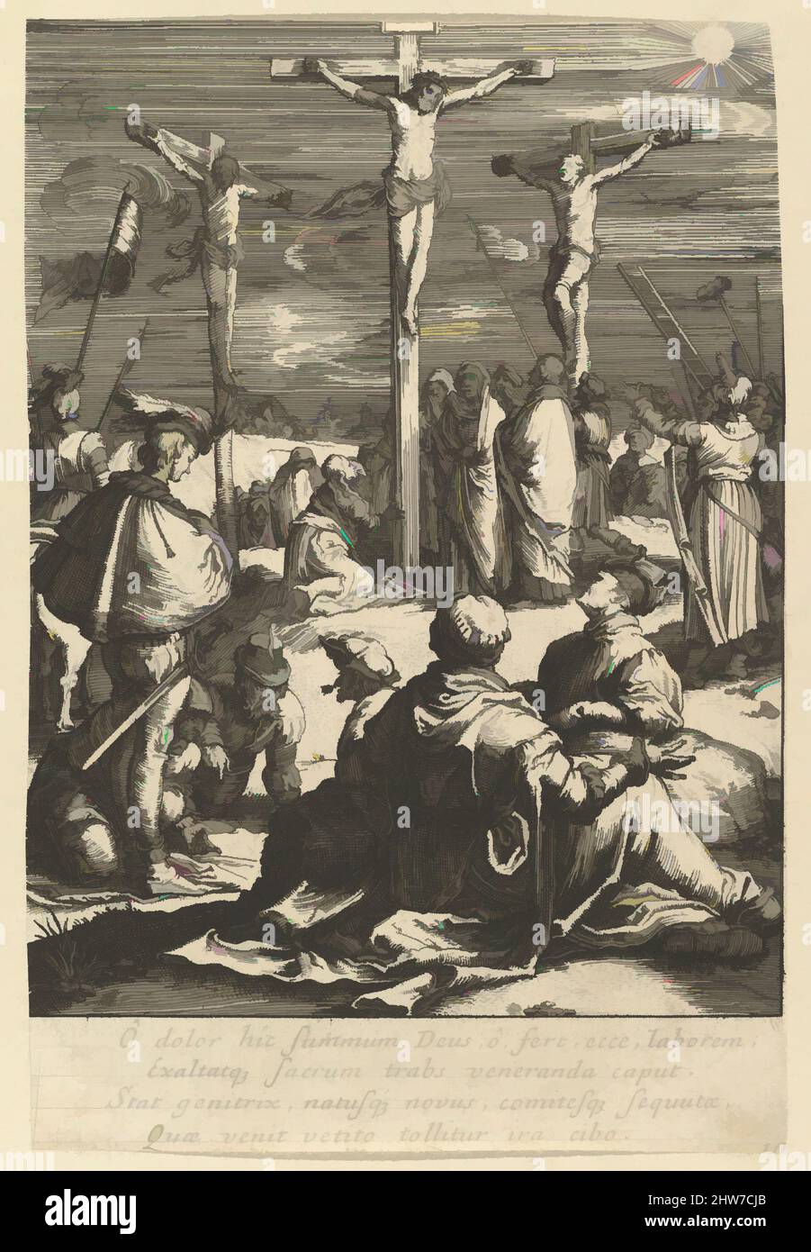 Art inspired by Christ on the Cross, from The Passion of Christ, mid 17th century, Etching, Sheet: 5 3/4 x 3 7/8 in. (14.6 x 9.8 cm), Prints, Nicolas Cochin (French, Troyes 1610–1686 Paris), After Hendrick Goltzius (Netherlandish, Mühlbracht 1558–1617 Haarlem, Classic works modernized by Artotop with a splash of modernity. Shapes, color and value, eye-catching visual impact on art. Emotions through freedom of artworks in a contemporary way. A timeless message pursuing a wildly creative new direction. Artists turning to the digital medium and creating the Artotop NFT Stock Photo