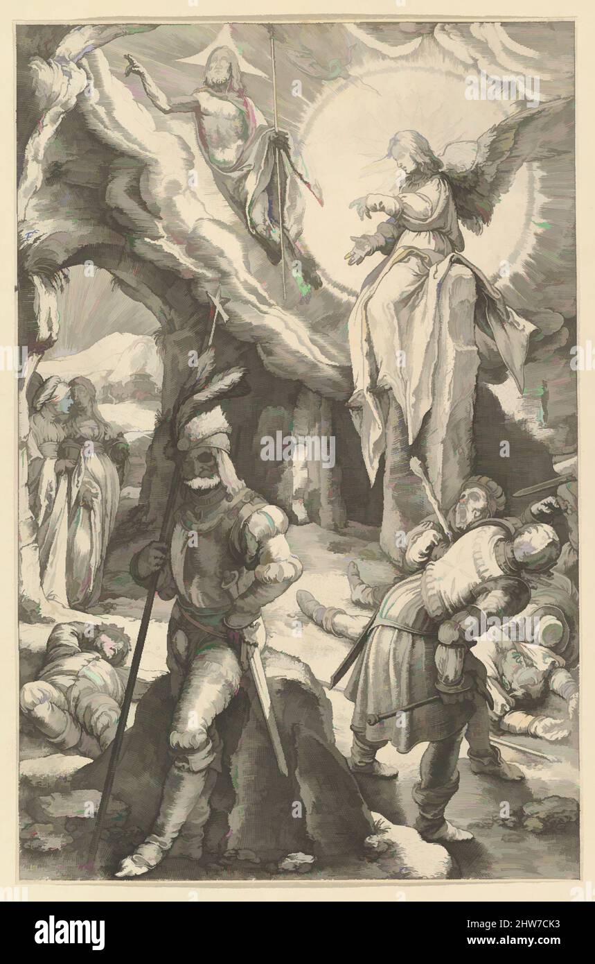 Art inspired by The Resurrection, from The Passion of Christ, ca. 1598–1617, Engraving, Sheet: 7 5/8 in. × 5 in. (19.4 × 12.7 cm), Prints, Anonymous, After Hendrick Goltzius (Netherlandish, Mühlbracht 1558–1617 Haarlem, Classic works modernized by Artotop with a splash of modernity. Shapes, color and value, eye-catching visual impact on art. Emotions through freedom of artworks in a contemporary way. A timeless message pursuing a wildly creative new direction. Artists turning to the digital medium and creating the Artotop NFT Stock Photo