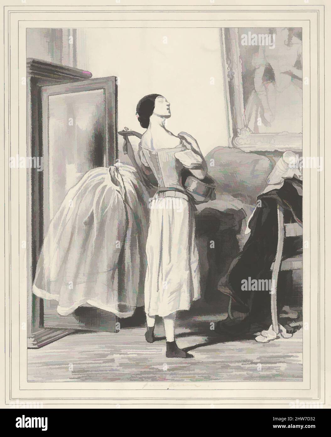 Art inspired by Rien n'est si joli que la fable, si triste que la vérité!, plate 30 from the suite Les Lorettes, published in Le Charivari, October 21, 1842, October 21, 1842, Lithograph; first state of three, sheet: 14 3/16 x 10 1/16 in. (36 x 25.5 cm), Prints, Paul Gavarni Chevalier, Classic works modernized by Artotop with a splash of modernity. Shapes, color and value, eye-catching visual impact on art. Emotions through freedom of artworks in a contemporary way. A timeless message pursuing a wildly creative new direction. Artists turning to the digital medium and creating the Artotop NFT Stock Photo