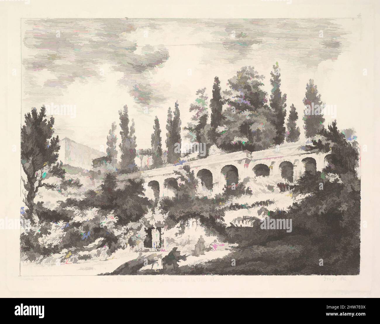Art inspired by View of the entrance to Tivoli and the walls of the Villa d'Este, horsemen approaching the entrance at bottom center, arched entrance in the middleground, cyrus trees and other plants surrounding, 18th century, Etching, sheet: 7 3/16 x 9 3/8 in. (18.3 x 23.8 cm), Prints, Classic works modernized by Artotop with a splash of modernity. Shapes, color and value, eye-catching visual impact on art. Emotions through freedom of artworks in a contemporary way. A timeless message pursuing a wildly creative new direction. Artists turning to the digital medium and creating the Artotop NFT Stock Photo