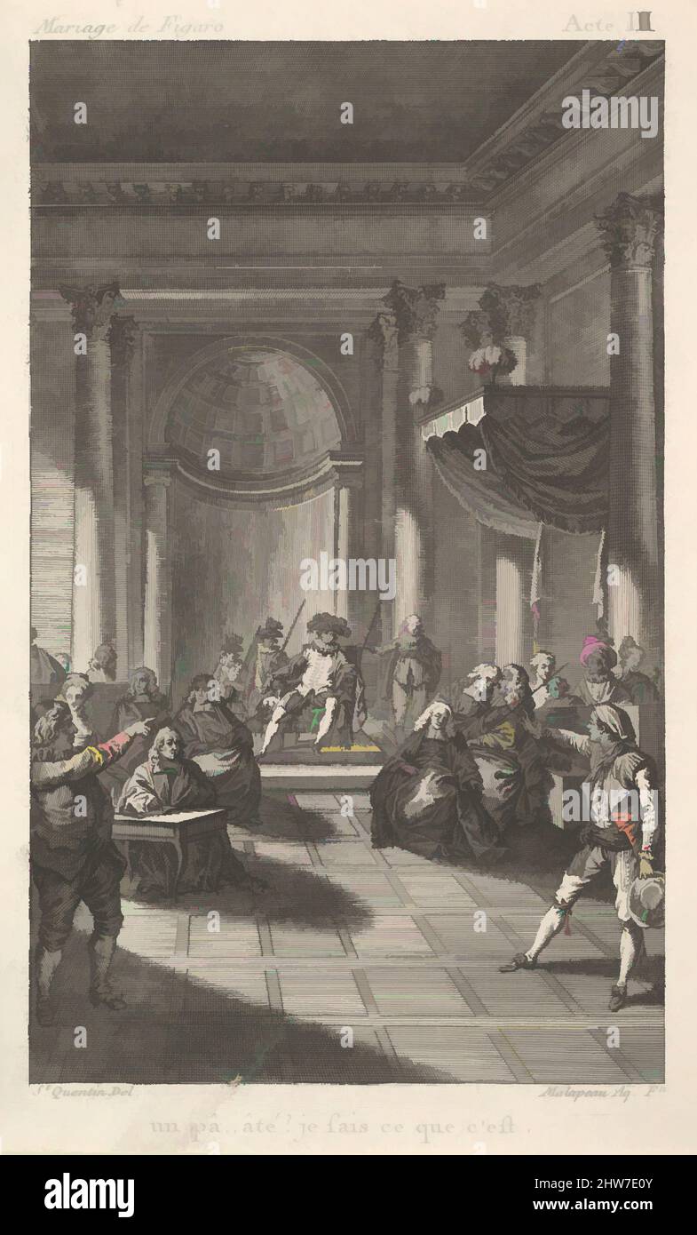 Art inspired by A man seated in a chair on a stepped platform holds an audience, two pointing men stand in the foreground, from a series of five illustrations after Jacques Philippe Joseph de Saint-Quentin for 'The mad day, or the marriage of Figaro' (La Folle journée, ou le mariage de, Classic works modernized by Artotop with a splash of modernity. Shapes, color and value, eye-catching visual impact on art. Emotions through freedom of artworks in a contemporary way. A timeless message pursuing a wildly creative new direction. Artists turning to the digital medium and creating the Artotop NFT Stock Photo