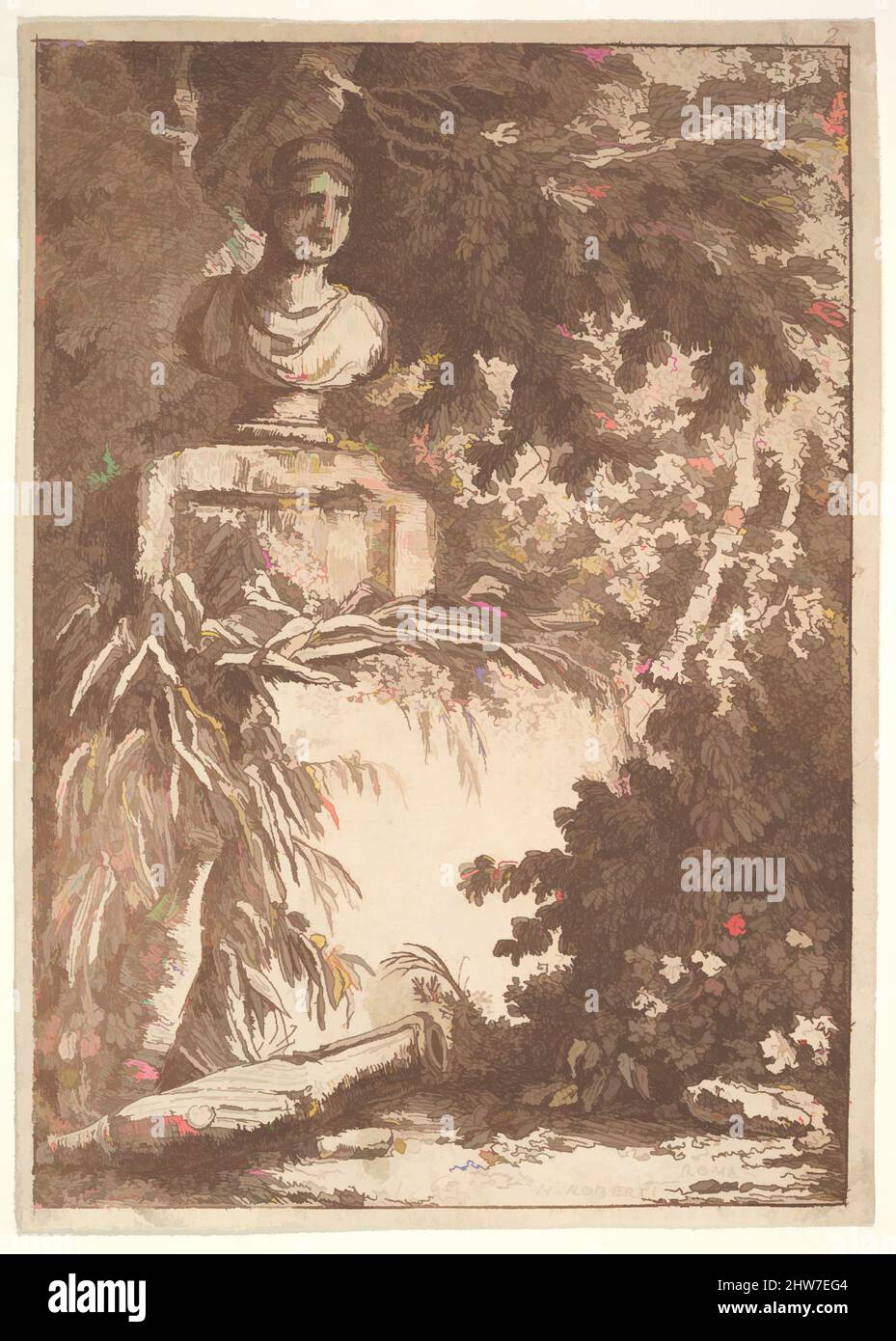 Art inspired by Plate 2: The Bust: a bust of a female wearing a diadem at top left, two amphoras at bottom left, surrounded by trees and greenery, from 'Les soirées de Rome', 1764, Etching, Sheet: 5 3/16 × 3 3/4 in. (13.2 × 9.5 cm), Prints, Hubert Robert (French, Paris 1733–1808 Paris, Classic works modernized by Artotop with a splash of modernity. Shapes, color and value, eye-catching visual impact on art. Emotions through freedom of artworks in a contemporary way. A timeless message pursuing a wildly creative new direction. Artists turning to the digital medium and creating the Artotop NFT Stock Photo