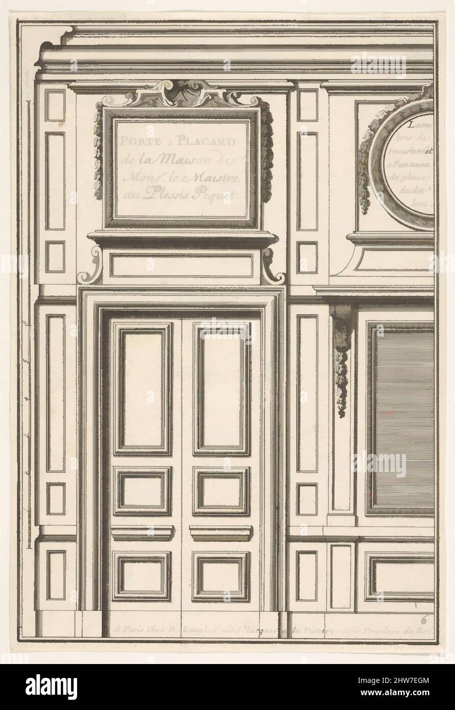 Art inspired by Door and Part of the Wall Paneling with Mirrored Glass from the House of 'Monsieur le Maître' at Plessis Piquet, plate VI from the Series 'Portes a Placard et Lambris', published as part of 'L'Architecture à la Mode', 17th century, Etching, image: 7 11/16 x 5 5/16 in. (, Classic works modernized by Artotop with a splash of modernity. Shapes, color and value, eye-catching visual impact on art. Emotions through freedom of artworks in a contemporary way. A timeless message pursuing a wildly creative new direction. Artists turning to the digital medium and creating the Artotop NFT Stock Photo