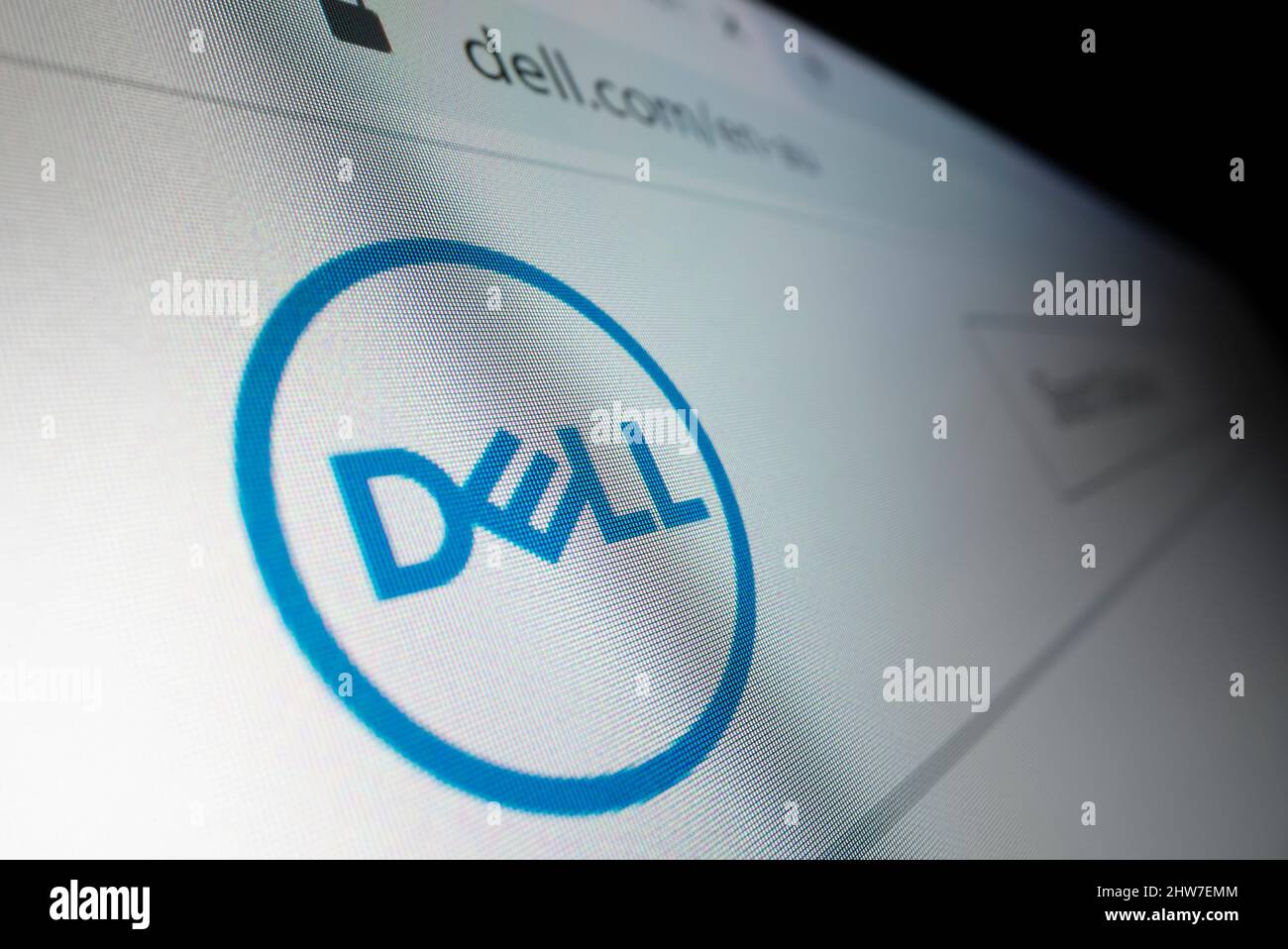 Melbourne, Australia - Jun 8, 2021: Close-up view of Dell logo on its website, shot with macro probe lens. Stock Photo