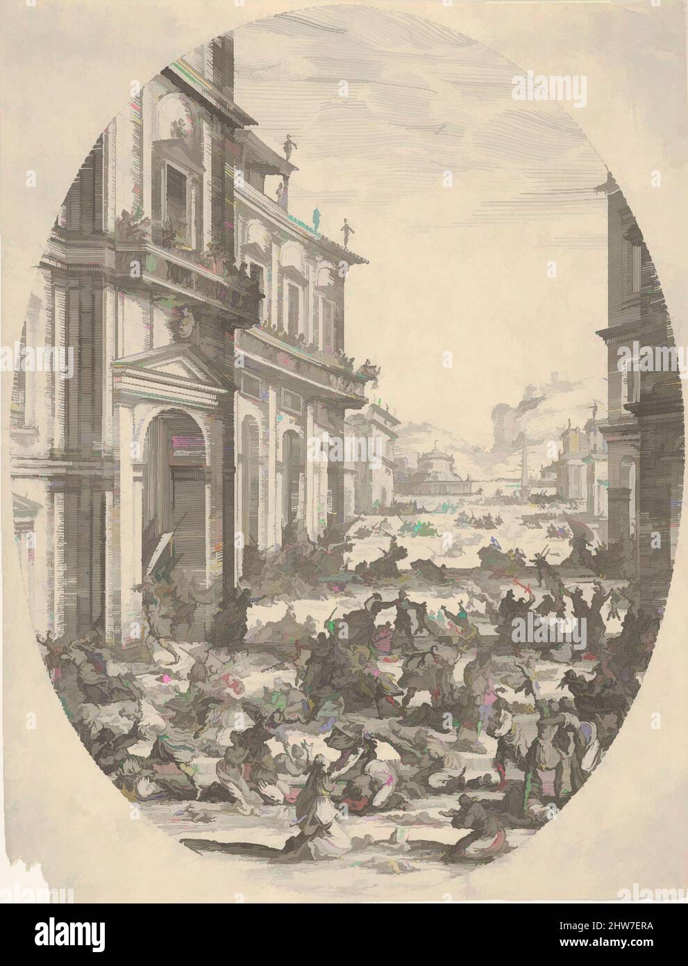 Art inspired by The Massacre of the Innocents, with architectural facades at left and right, an oval composition, 17th century, Etching; first state of two, sheet: 5 5/16 x 4 1/8 in. (13.5 x 10.4 cm), Prints, Jacques Callot (French, Nancy 1592–1635 Nancy, Classic works modernized by Artotop with a splash of modernity. Shapes, color and value, eye-catching visual impact on art. Emotions through freedom of artworks in a contemporary way. A timeless message pursuing a wildly creative new direction. Artists turning to the digital medium and creating the Artotop NFT Stock Photo