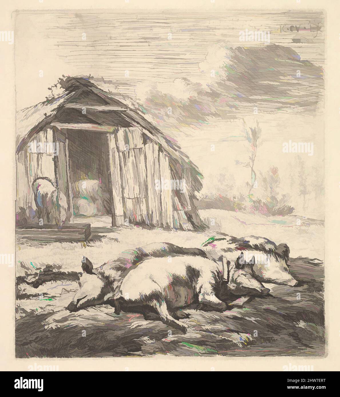 Art inspired by Three pigs lying on their sides, a pigsty and trough beyond, 1652, Etching, sheet: 7 3/8 x 6 3/4 in. (18.8 x 17.2 cm), Prints, Karel Dujardin (Dutch, Amsterdam 1622–1678 Venice, Classic works modernized by Artotop with a splash of modernity. Shapes, color and value, eye-catching visual impact on art. Emotions through freedom of artworks in a contemporary way. A timeless message pursuing a wildly creative new direction. Artists turning to the digital medium and creating the Artotop NFT Stock Photo