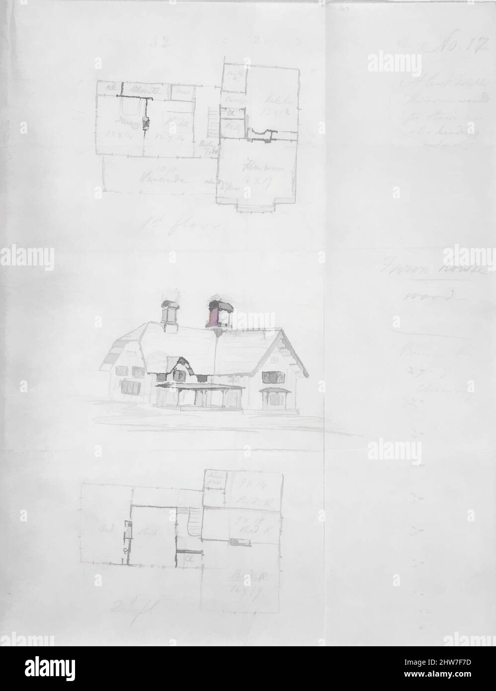 Art inspired by Design for Bracketed American Farm House, Design XVII from The Architecture of Country Houses, ca. 1850, Graphite, sheet: 10 1/16 x 7 15/16 in. (25.5 x 20.1 cm), Alexander Jackson Davis (American, New York 1803–1892 West Orange, New Jersey, Classic works modernized by Artotop with a splash of modernity. Shapes, color and value, eye-catching visual impact on art. Emotions through freedom of artworks in a contemporary way. A timeless message pursuing a wildly creative new direction. Artists turning to the digital medium and creating the Artotop NFT Stock Photo