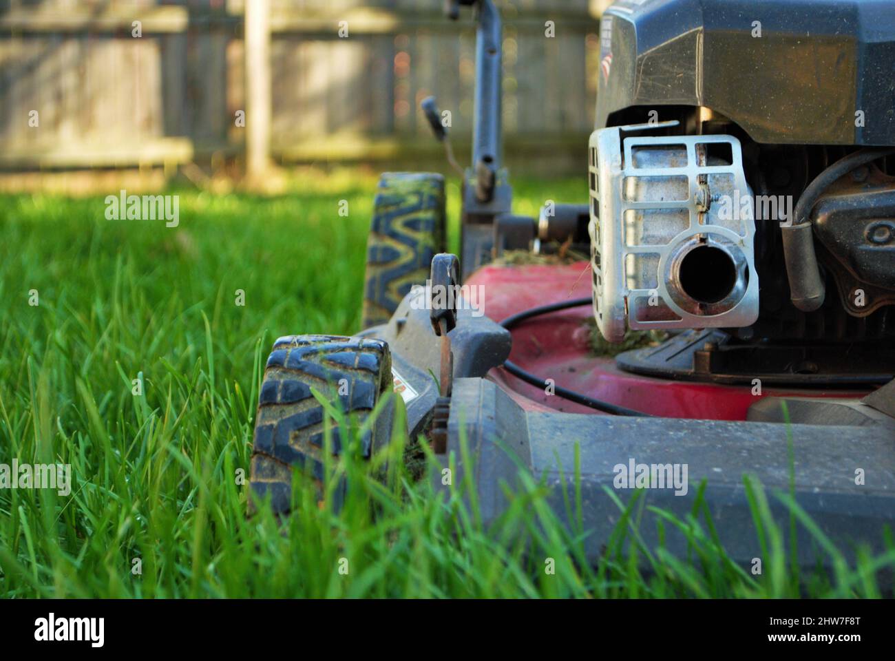 Ground level view of a lawnmower in tall grass Stock Photo Alamy