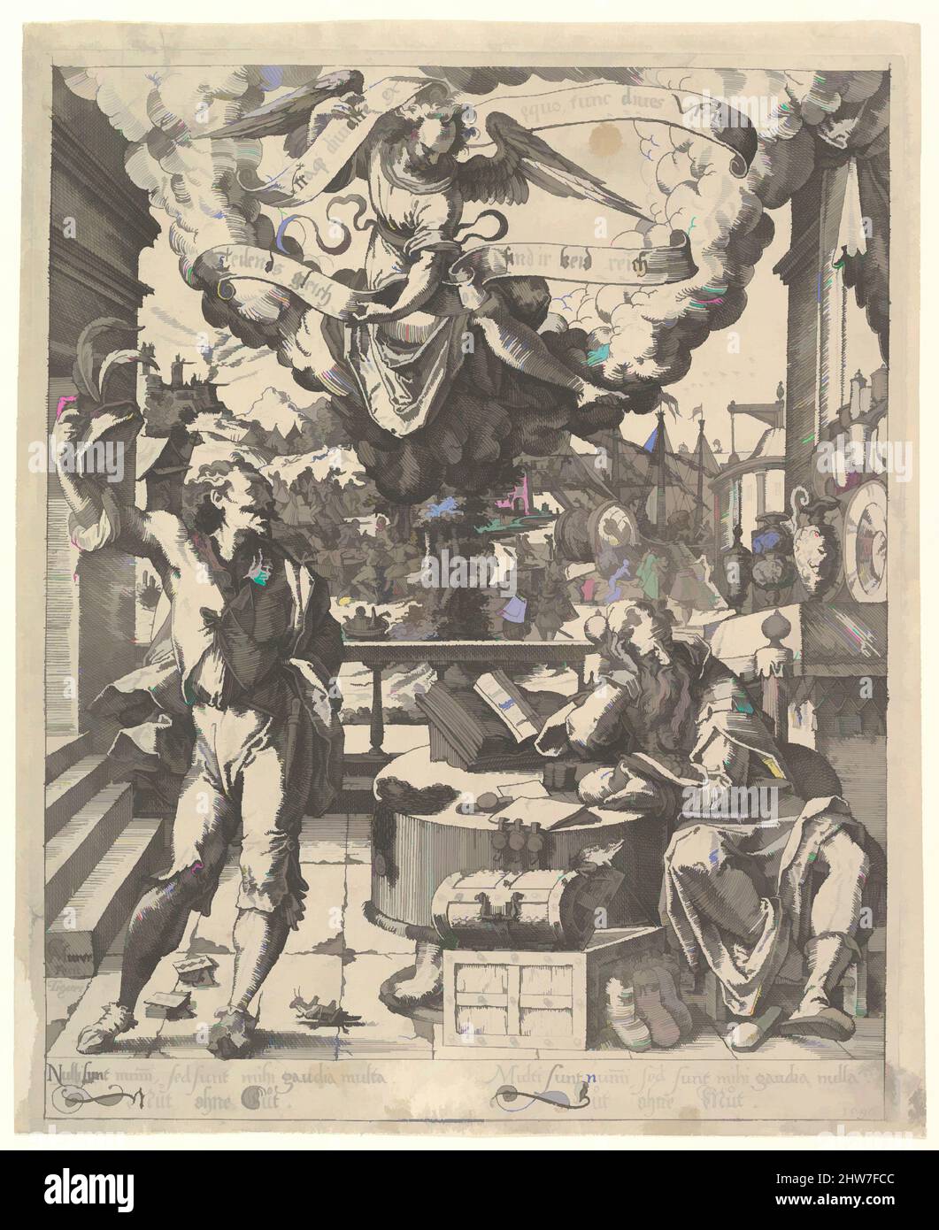 Art inspired by An Allegory of a Rich Man and a Poor Man (Der Lustige Arme und der Traurige Reiche), 1596, Etching, sheet: 10 3/16 x 8 3/8 in. (25.8 x 21.2 cm), Prints, Christoph Murer (Swiss, Zurich 1558–1614 Winterthur, Classic works modernized by Artotop with a splash of modernity. Shapes, color and value, eye-catching visual impact on art. Emotions through freedom of artworks in a contemporary way. A timeless message pursuing a wildly creative new direction. Artists turning to the digital medium and creating the Artotop NFT Stock Photo