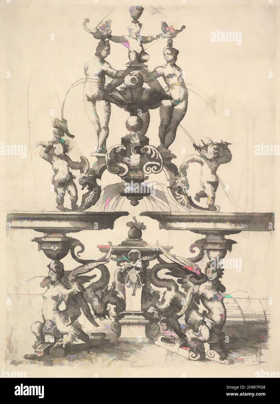 Art inspired by Design for a Fountain, Plate 119 from Dietterlin's Architectura, 1598, Etching, sheet: 12 5/8 x 8 1/8 in. (32 x 20.6 cm), Wendel Dietterlin, the Elder (German, Pfullendorf 1550/51–ca. 1599 Strasbourg, Classic works modernized by Artotop with a splash of modernity. Shapes, color and value, eye-catching visual impact on art. Emotions through freedom of artworks in a contemporary way. A timeless message pursuing a wildly creative new direction. Artists turning to the digital medium and creating the Artotop NFT Stock Photo
