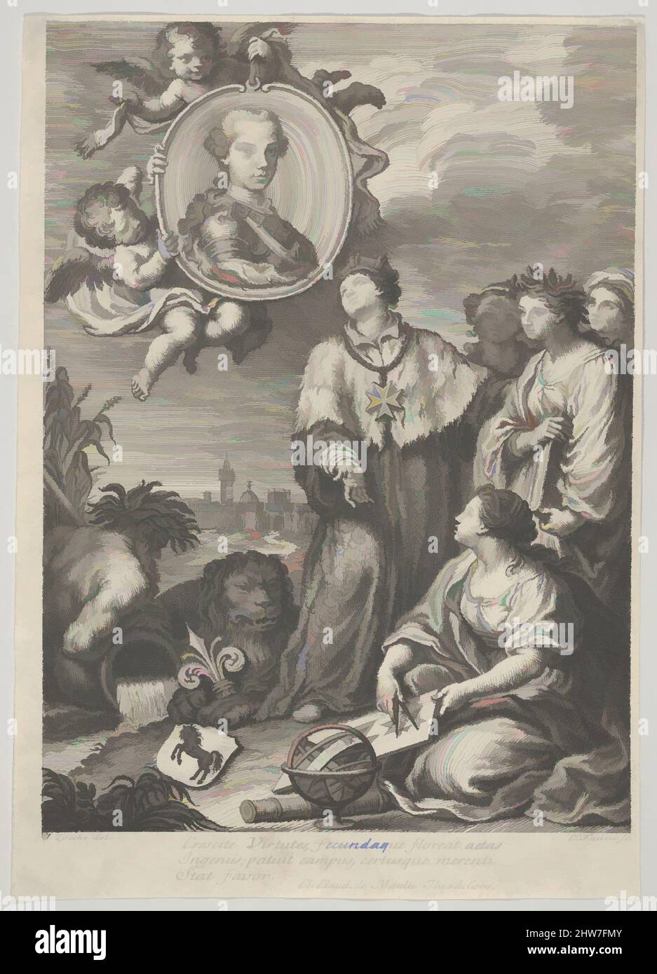 Art inspired by Portrait of the future Holy Roman Emperor Leopold II as the Archduke of Austria and Grand Duke of Tuscany, set within a roundel upper left, allegorical figures representing the arts and sciences below, ca. 1760–67, Engraving, sheet: 9 3/16 x 6 9/16 in. (23.4 x 16.7 cm, Classic works modernized by Artotop with a splash of modernity. Shapes, color and value, eye-catching visual impact on art. Emotions through freedom of artworks in a contemporary way. A timeless message pursuing a wildly creative new direction. Artists turning to the digital medium and creating the Artotop NFT Stock Photo