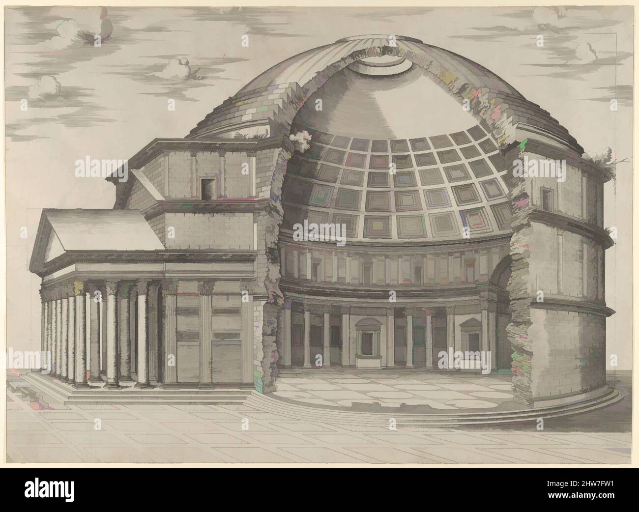 Art inspired by Reconstruction of the Pantheon in Rome, seen from the side, cut away to reveal the interior, 1553, Engraving, sheet: 13 5/8 x 18 5/8 in. (34.6 x 47.3 cm), Prints, Anonymous, Classic works modernized by Artotop with a splash of modernity. Shapes, color and value, eye-catching visual impact on art. Emotions through freedom of artworks in a contemporary way. A timeless message pursuing a wildly creative new direction. Artists turning to the digital medium and creating the Artotop NFT Stock Photo