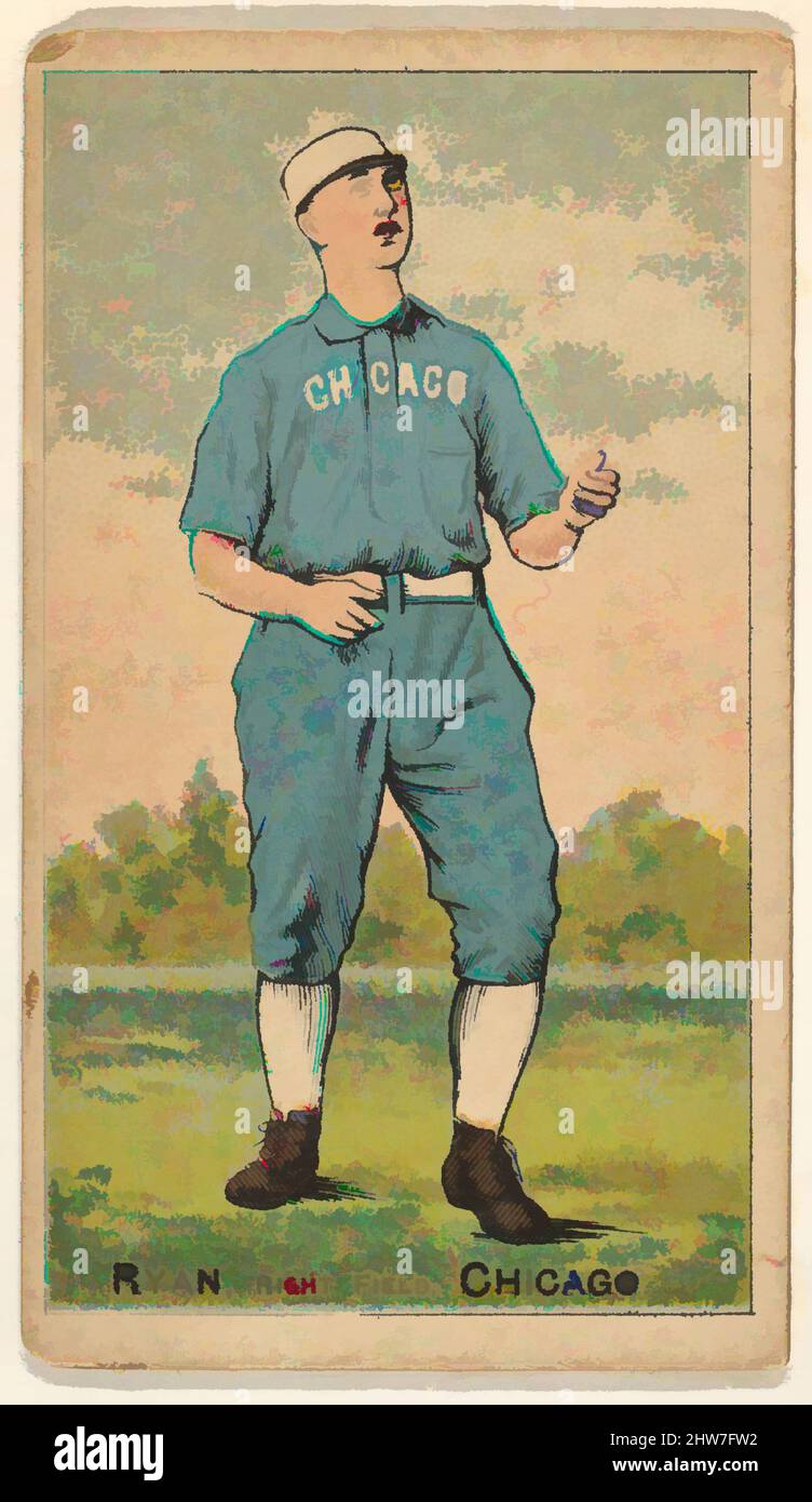 Art inspired by Ryan, Right Field, Chicago, from the Gold Coin series (N284) for Gold Coin Chewing Tobacco, 1887, Commercial color lithography reproducing drawings, Sheet: 3 1/16 x 1 3/4 in. (7.7 x 4.5 cm), Trade cards from the 'Gold Coin' series (N284), issued by D. Buchner in 1887 to, Classic works modernized by Artotop with a splash of modernity. Shapes, color and value, eye-catching visual impact on art. Emotions through freedom of artworks in a contemporary way. A timeless message pursuing a wildly creative new direction. Artists turning to the digital medium and creating the Artotop NFT Stock Photo