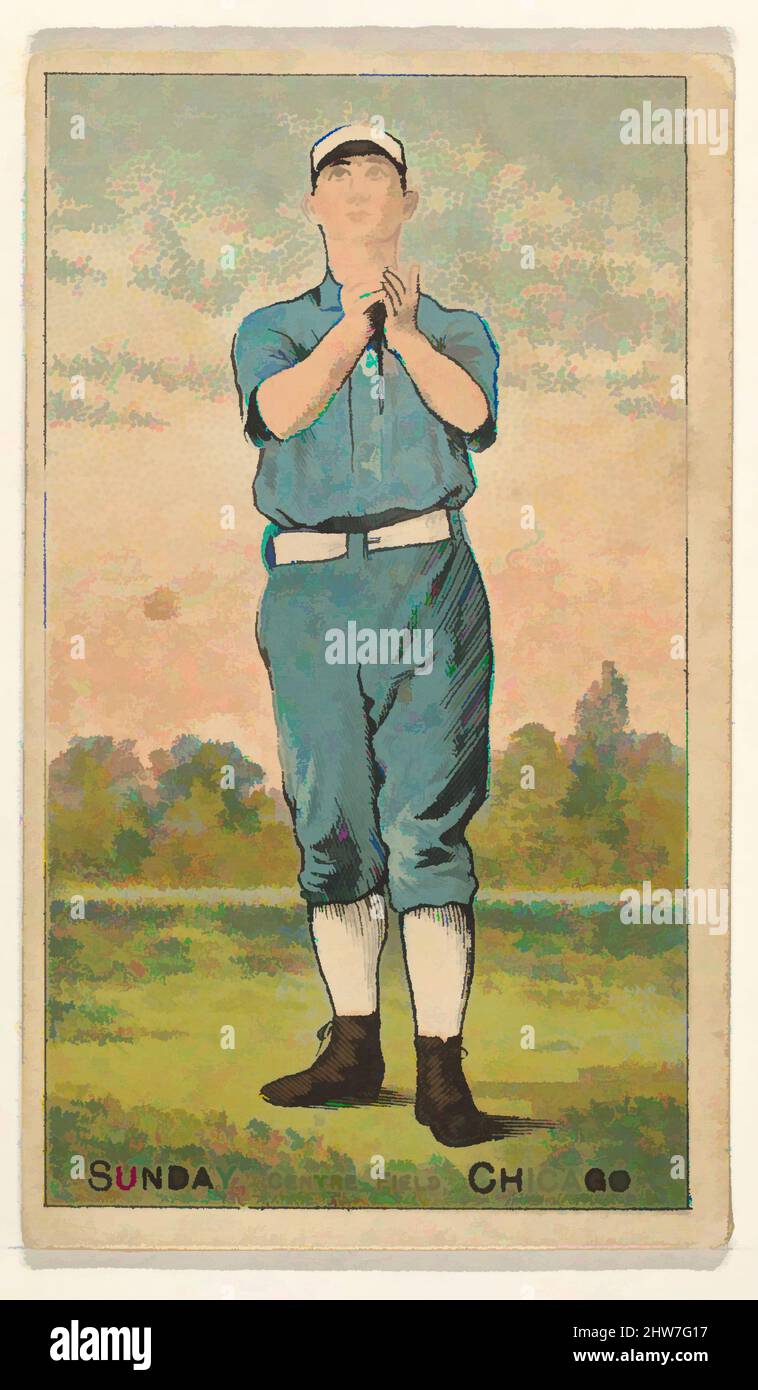 Art inspired by Sunday, Center Field, Chicago, from the Gold Coin series (N284) for Gold Coin Chewing Tobacco, 1887, Commercial color lithography reproducing drawings, Sheet: 3 1/16 x 1 3/4 in. (7.7 x 4.5 cm), Trade cards from the 'Gold Coin' series (N284), issued by D. Buchner in 1887, Classic works modernized by Artotop with a splash of modernity. Shapes, color and value, eye-catching visual impact on art. Emotions through freedom of artworks in a contemporary way. A timeless message pursuing a wildly creative new direction. Artists turning to the digital medium and creating the Artotop NFT Stock Photo