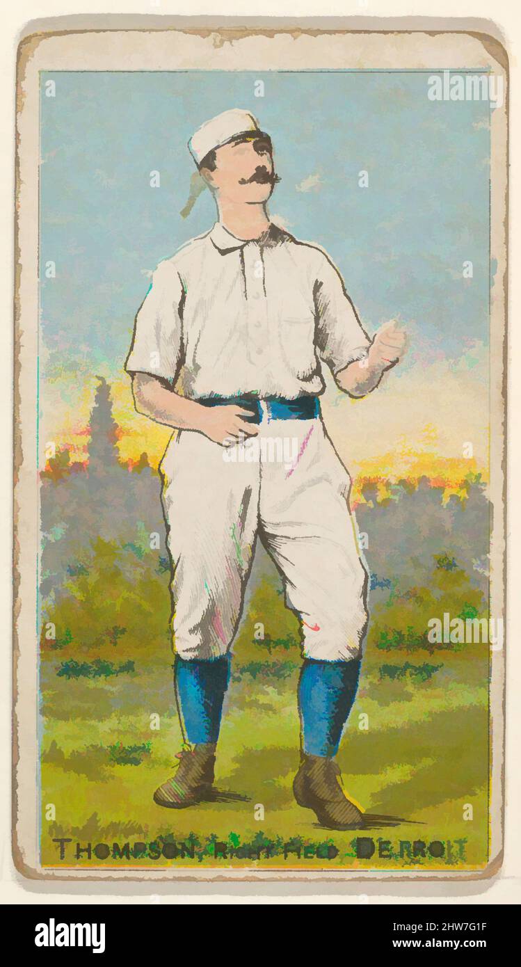 Art inspired by Thompson, Right Field, Detroit, from the Gold Coin series (N284) for Gold Coin Chewing Tobacco, 1887, Commercial color lithography reproducing drawings, Sheet: 3 1/16 x 1 3/4 in. (7.7 x 4.5 cm), Trade cards from the 'Gold Coin' series (N284), issued by D. Buchner in, Classic works modernized by Artotop with a splash of modernity. Shapes, color and value, eye-catching visual impact on art. Emotions through freedom of artworks in a contemporary way. A timeless message pursuing a wildly creative new direction. Artists turning to the digital medium and creating the Artotop NFT Stock Photo