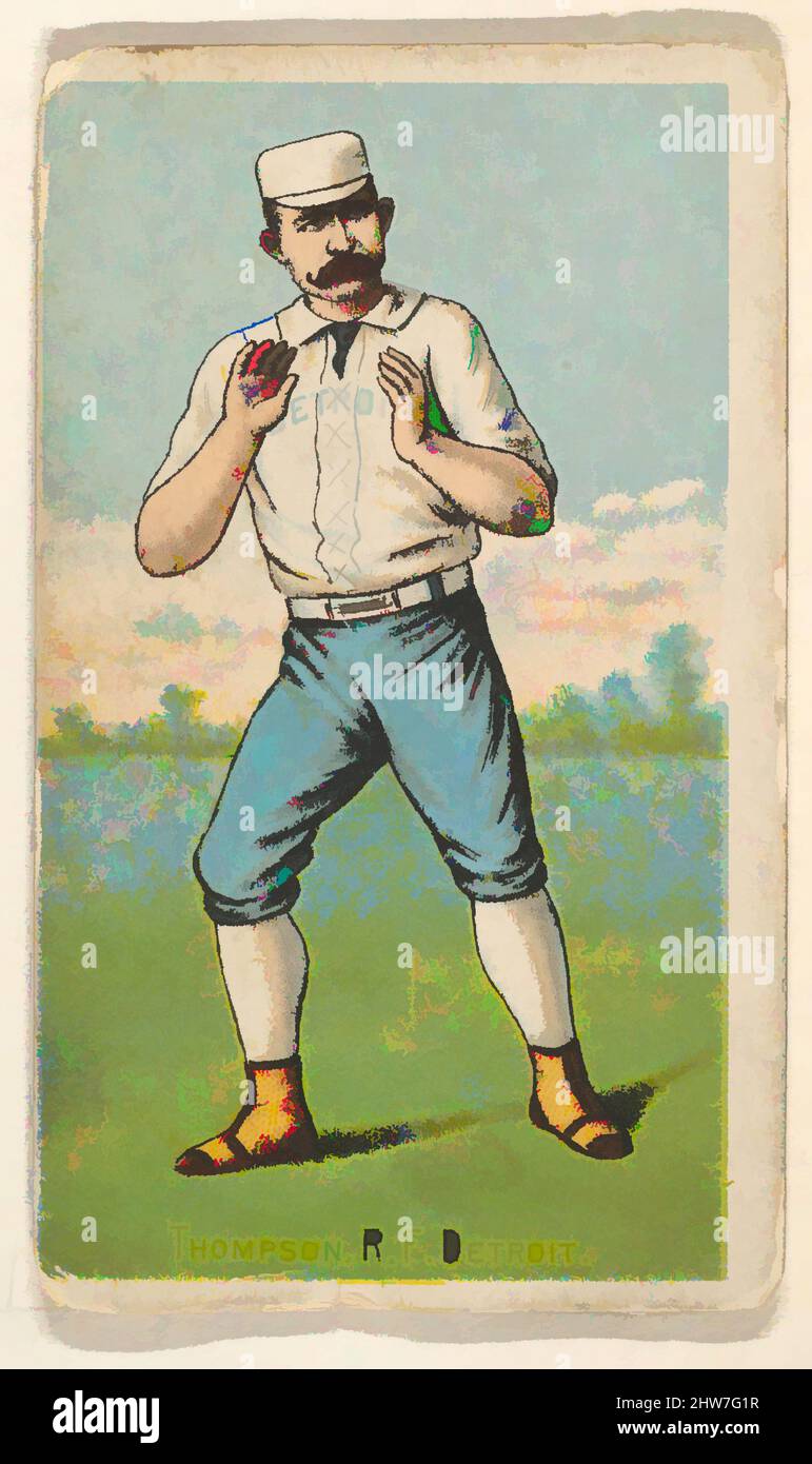 Art inspired by Thompson, Right Field, Detroit, from 'Gold Coin' Tobacco Issue, 1887, Commercial color lithography reproducing drawings, Sheet: 3 1/16 x 1 3/4 in. (7.7 x 4.5 cm), Trade cards from the 'Gold Coin' series (N284), issued by D. Buchner in 1887 to promote Gold Coin Chewing, Classic works modernized by Artotop with a splash of modernity. Shapes, color and value, eye-catching visual impact on art. Emotions through freedom of artworks in a contemporary way. A timeless message pursuing a wildly creative new direction. Artists turning to the digital medium and creating the Artotop NFT Stock Photo