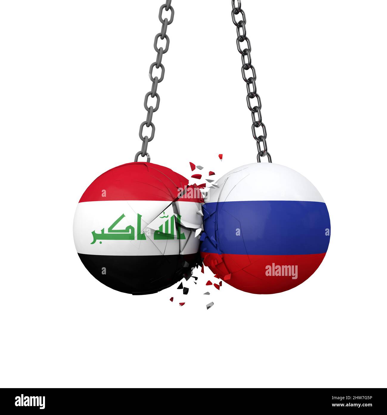 Russia and Iraq political tensions concept. National flag wrecking balls smash together. 3D Rendering Stock Photo