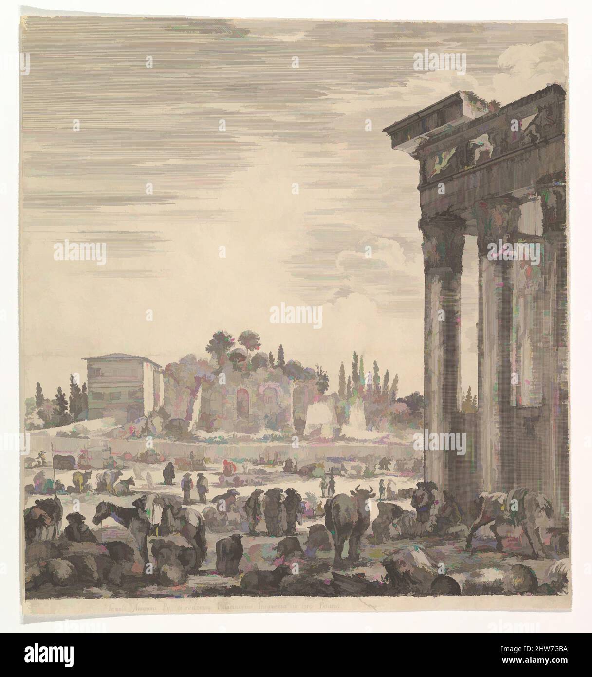 Art inspired by The columns of the Temple of Antoninus to right, a part of the Campo Vaccino in center and at left, along with various animals and figures, the Palatine ruins in the background, from 'Six large views, four of Rome, and two of the Roman countryside' (Six grandes vues, Classic works modernized by Artotop with a splash of modernity. Shapes, color and value, eye-catching visual impact on art. Emotions through freedom of artworks in a contemporary way. A timeless message pursuing a wildly creative new direction. Artists turning to the digital medium and creating the Artotop NFT Stock Photo